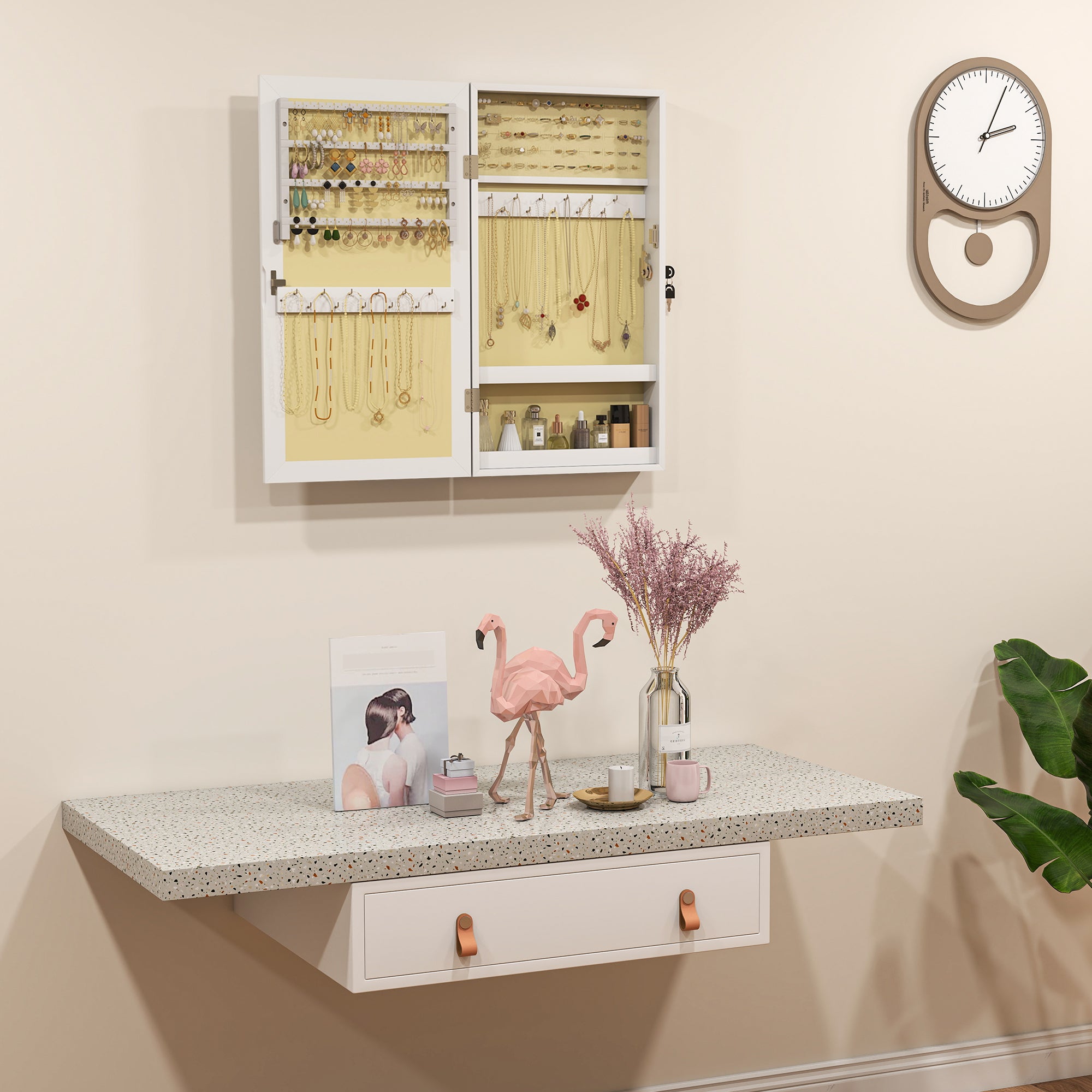 Miroir à bijoux mural , armoire à bijoux verrouillable, miroir pleine longueur en MDF pour chambre et salon, 36,5 x 9,5 x 67 cm, blanc - 8