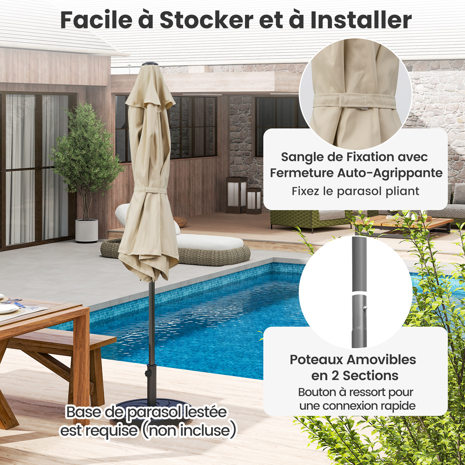 Parasol de Jardin Extérieur Ø 230 CM, Parasol Balcon sans Pied, Inclinaison Réglable à Bouton-Poussoir, 6 Baleines Robustes, Beige - 5