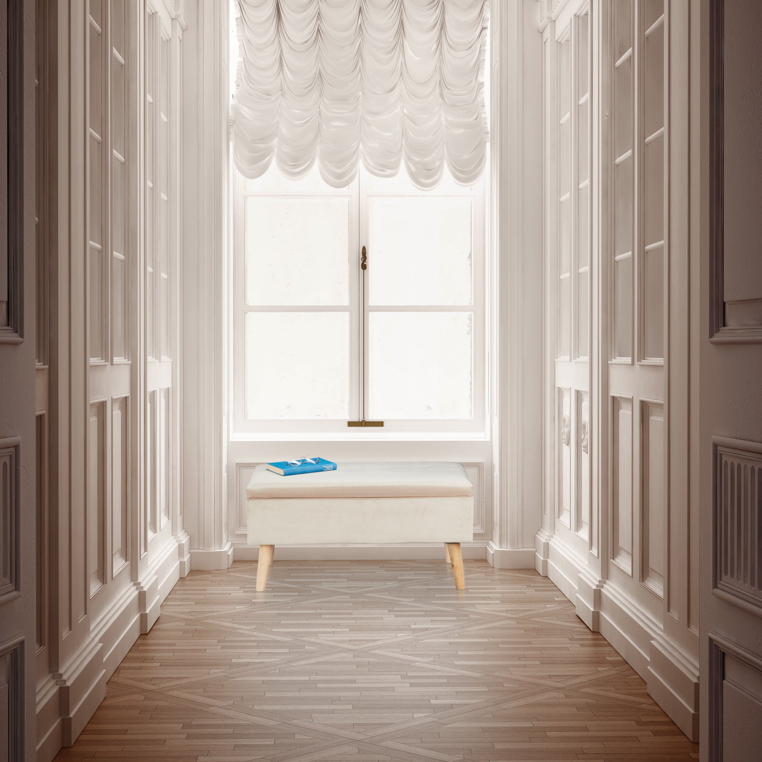 Banc siège avec espace de rangement, housse velours, 40 l, rembourrée, pieds en bois, entrée,41x80x40c, crème, Relaxdays - 2