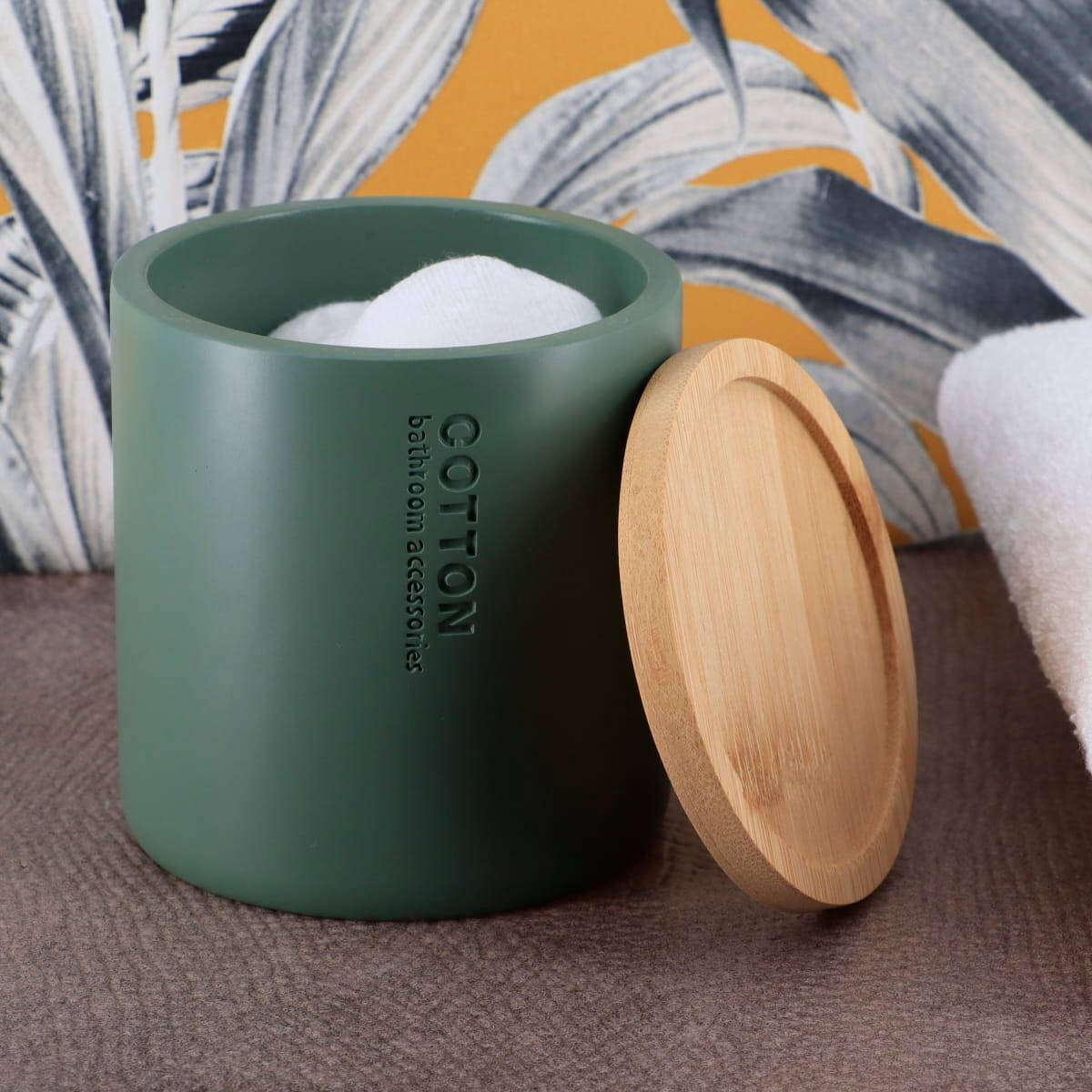 Boite a coton polyresine couvercle bambou - kaki /bambou - Tendance - 3