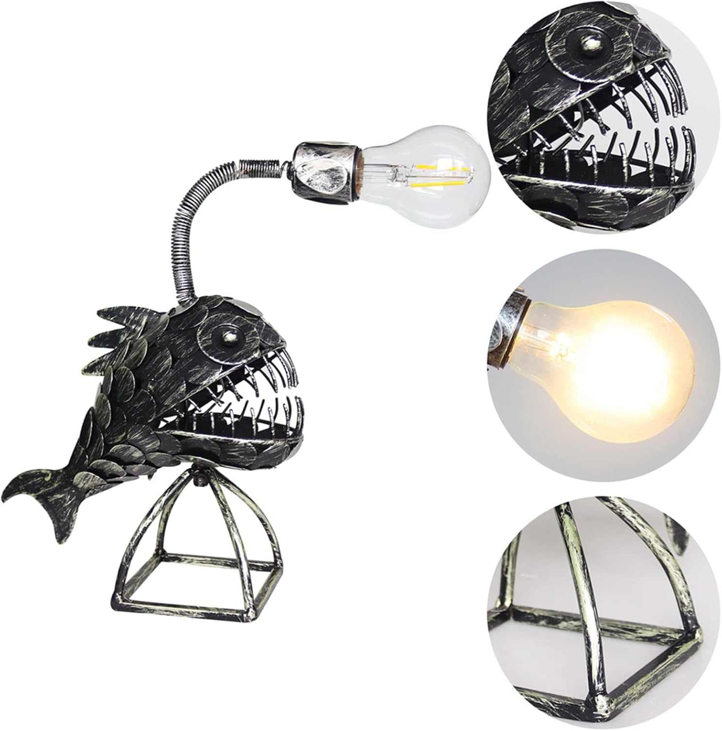 Kreatywna lampa rybaka, lampa artystyczna w kształcie ryby rybaka, lampa retro z żelaza w kształcie rekina, kreatywne nocne światło LED - 2