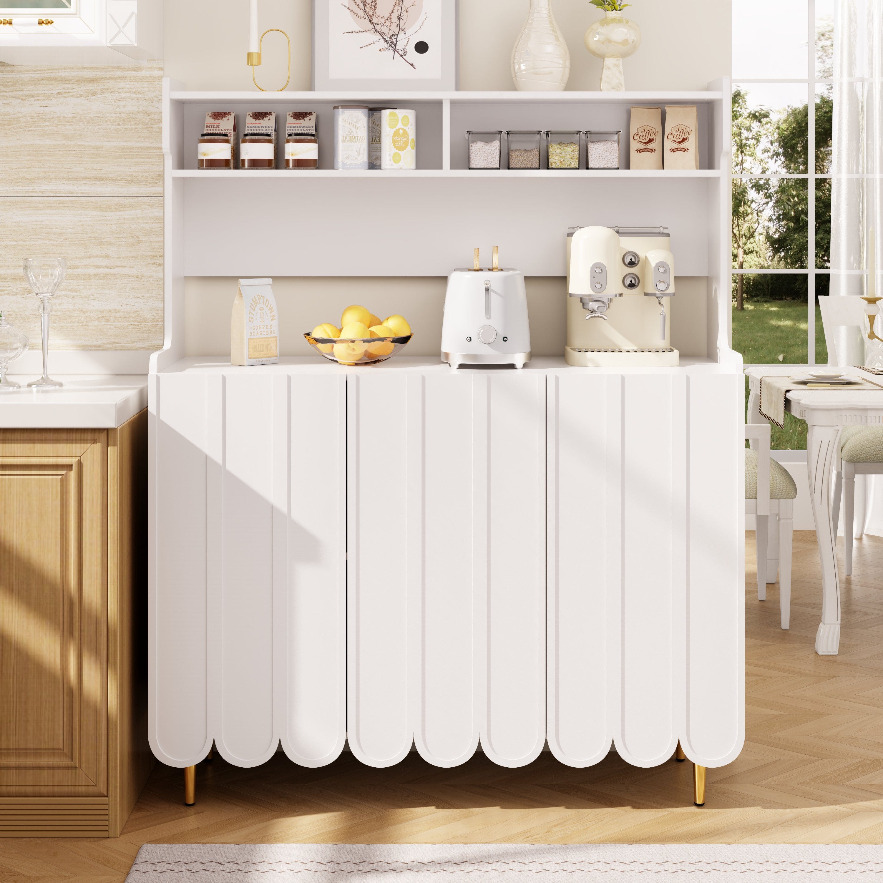 Credenza Cucina Moderna 120x40x151 Cm - Bianco Con Gambe Dorate E Ripiani Aperti - Foto 10