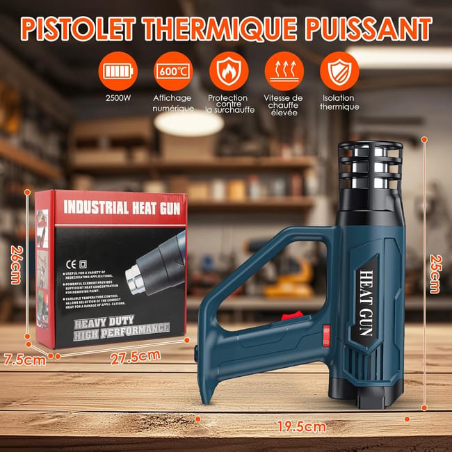 Pistolet à air chaud professionnel 2500 W - Contrôle précis de la température (50-600 °C) - 2 vitesses - Écran LCD - 4 embouts - 4
