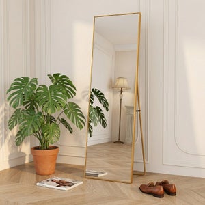 OUKEELAR Grand miroir mural avec cadre en métal doré - 140 x 40 cm - Pour chambre à coucher, salon, couloir et dressing (doré