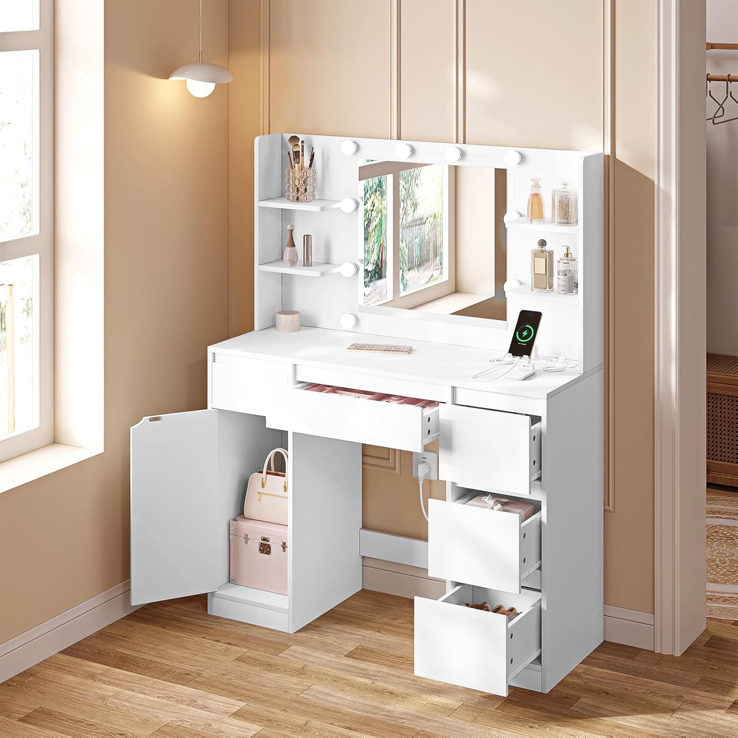 Coiffeuse avec miroir Blanc H. 140 x l. 110 x P. 40 cm - 5