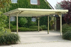 Carport en bois double de 25m² (5mx5m), hauteur de passage de 205 cm, toiture en pvc ondulé transparent