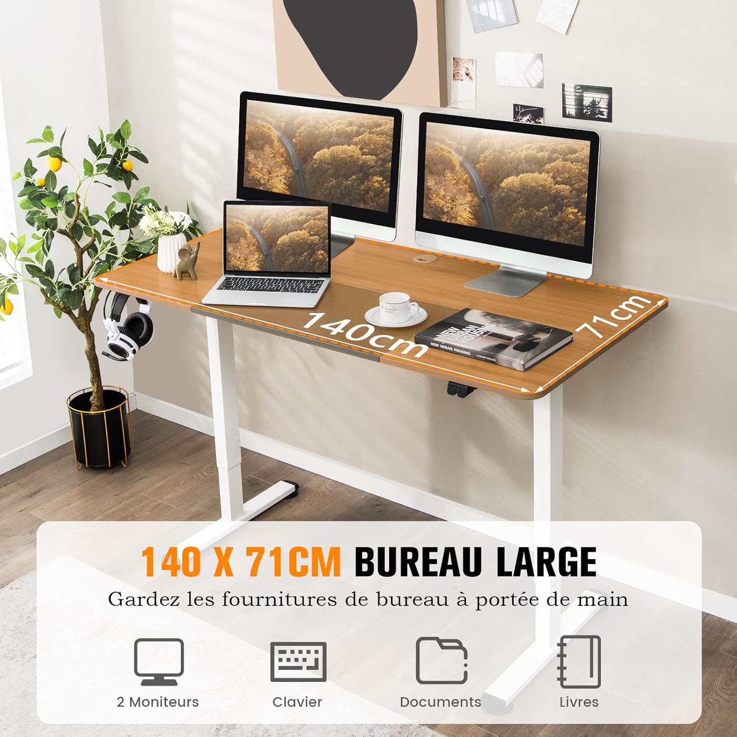 Bureau Electrique Réglable en Hauteur 140 x 70 cm, Table Assis Debout, Fonction Mémoire, Naturel Foncé - 5