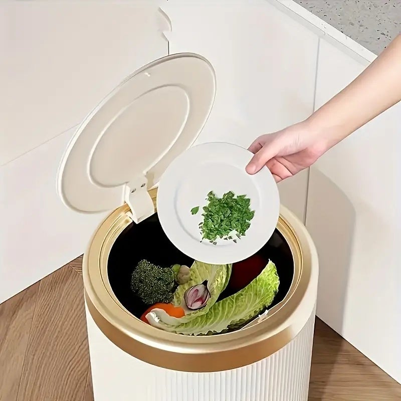 Élégante poubelle ronde en plastique ABS avec couvercle, couleur crème, 12 L, idéale pour la maison, le bureau et l'école. - 7