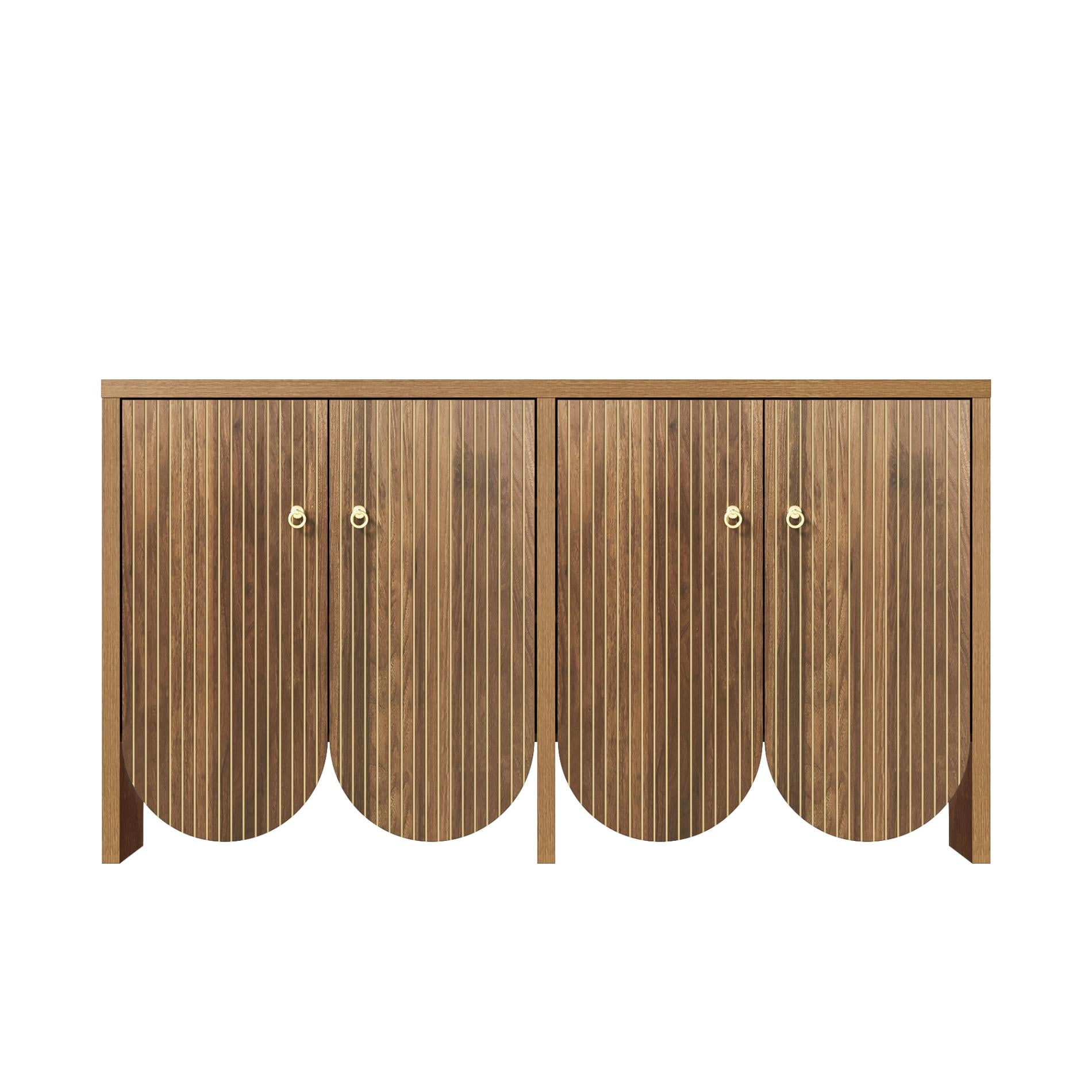 Elegancka orzechowa komoda – 147×40×80 cm z 4 drzwiami, regulowanymi półkami i aluminiowymi uchwytami - 5