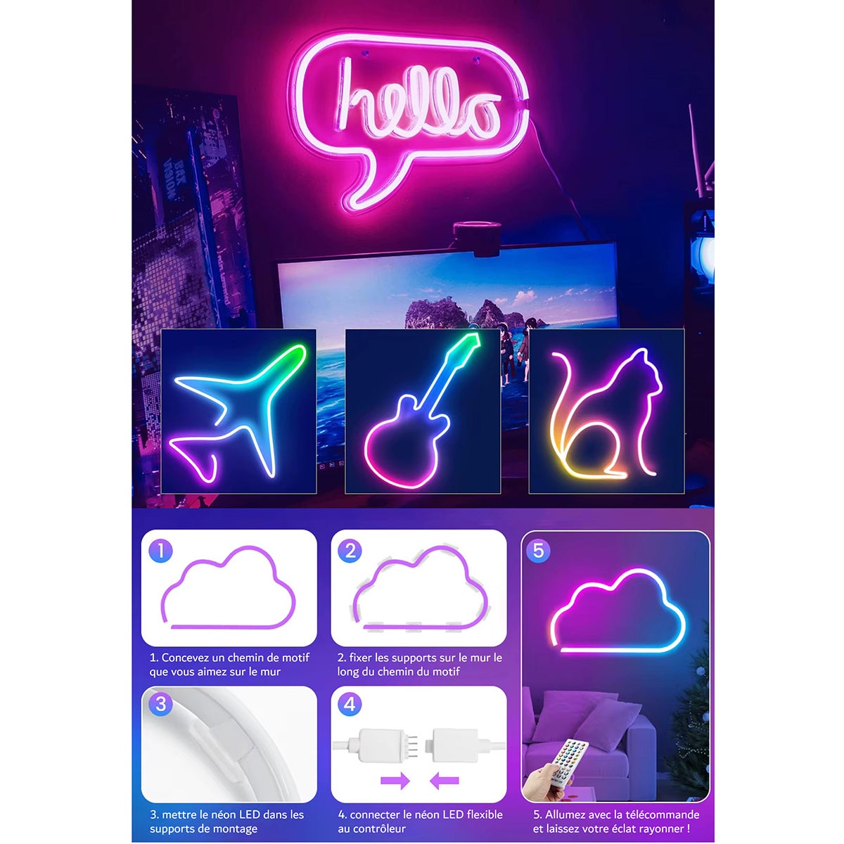 Kit de Néon flexible LED RGB 5m, DC 12V, bande lumineuse LED flexible pour intérieur et extérieur, APP/Télécommande, Plusieurs modes, IP65 étanche - 3