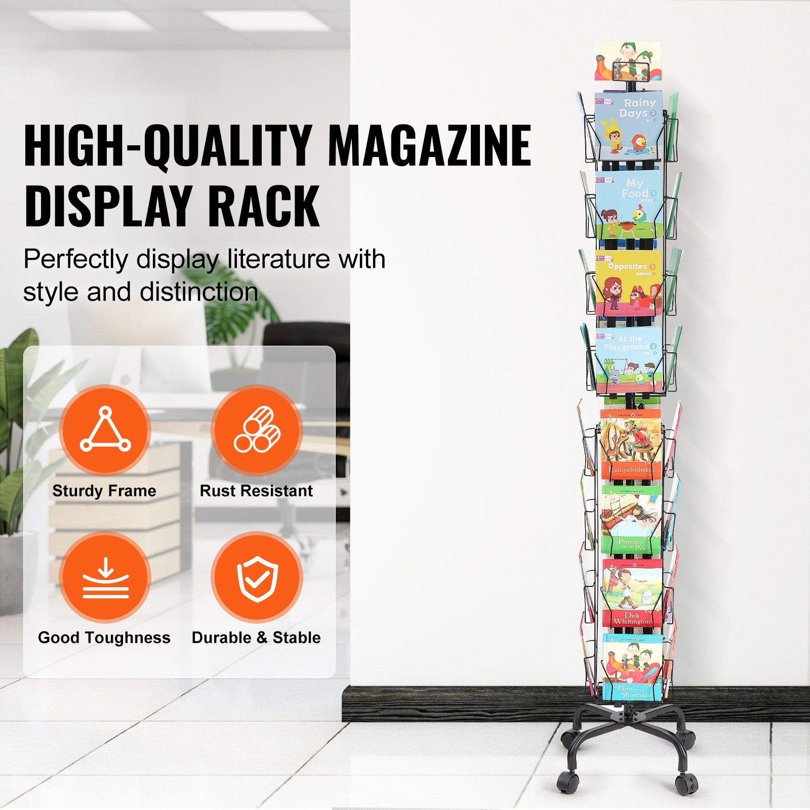 Présentoir de cartes de vœux,SucceBuy 32 poches pour cartes postales,support rotatif à 360° avec support de panneau et 4 roues (2 verrouillables) - 4