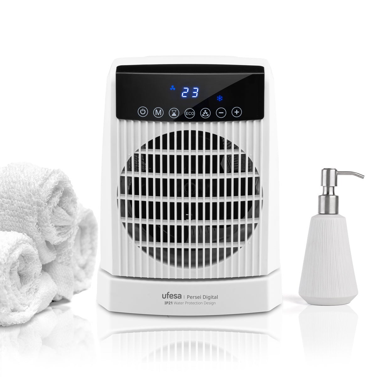 Ufesa Persei - Riscaldatore digitale da 2000 W, IP21, per bagno, 3 livelli di potenza termica/freddo, base oscillante, termostato regolabile, timer 24 - 3