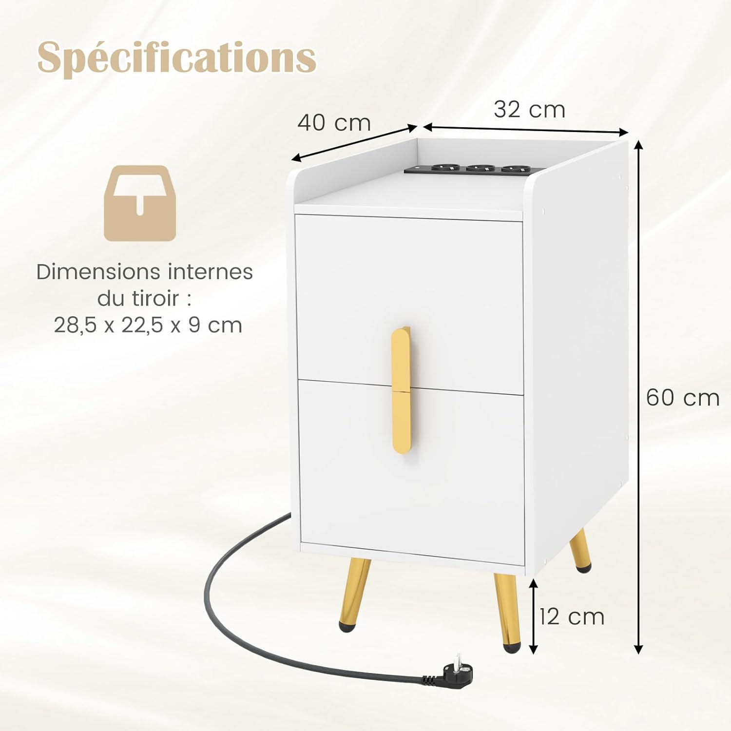 Table de Chevet avec Prise,2 Tiroirs Coulissants, 1 Passe-câble, 2 Ports USB & 3 Prises, Bords Surélevés, 40 x 32 x 60 cm(Blanc) - 4