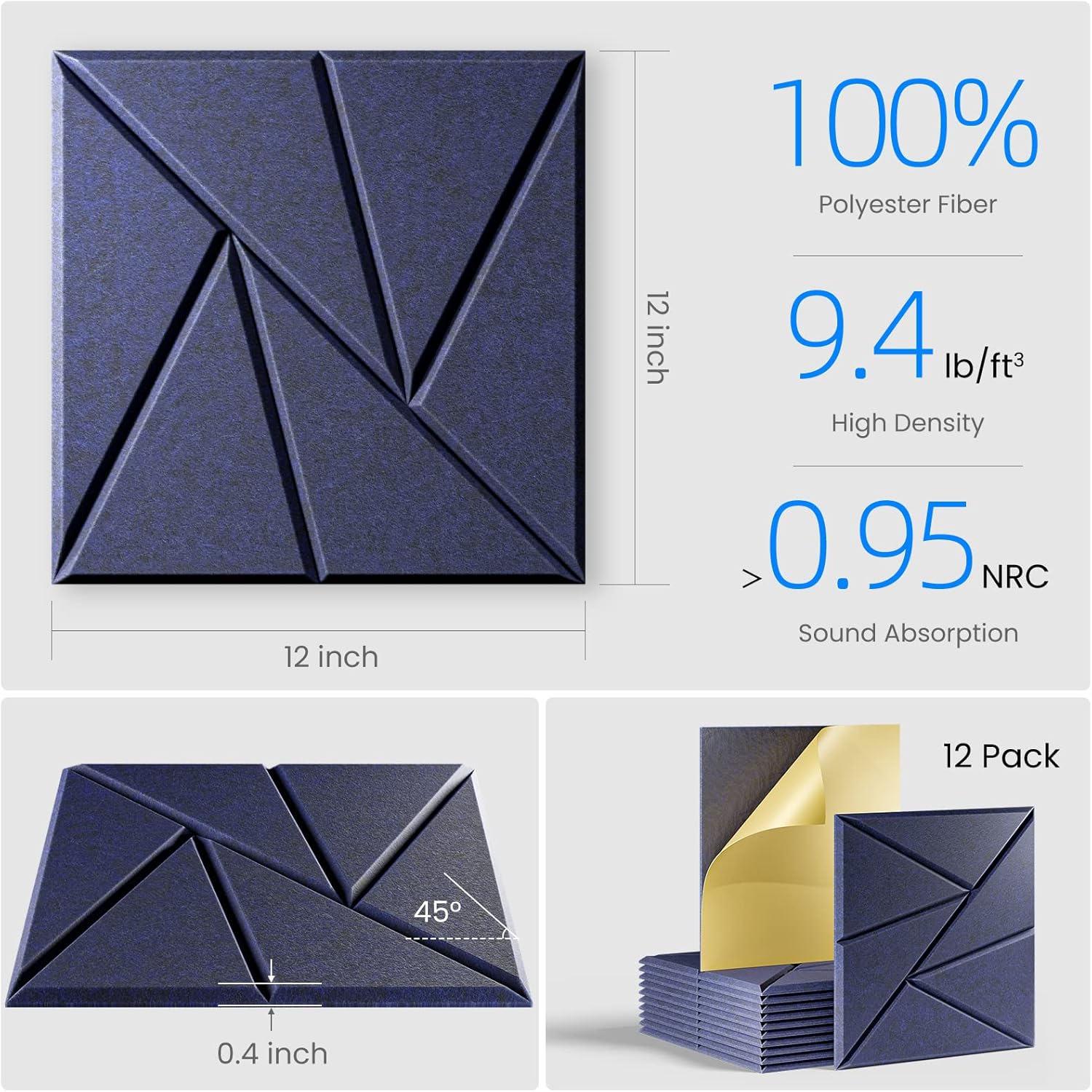 12 paneles acústicos autoadhesivos, paneles de pared insonorizados de alta densidad, panel absorbente de sonido de poliéster, 30 x 30 cm (azul oscuro) - 3