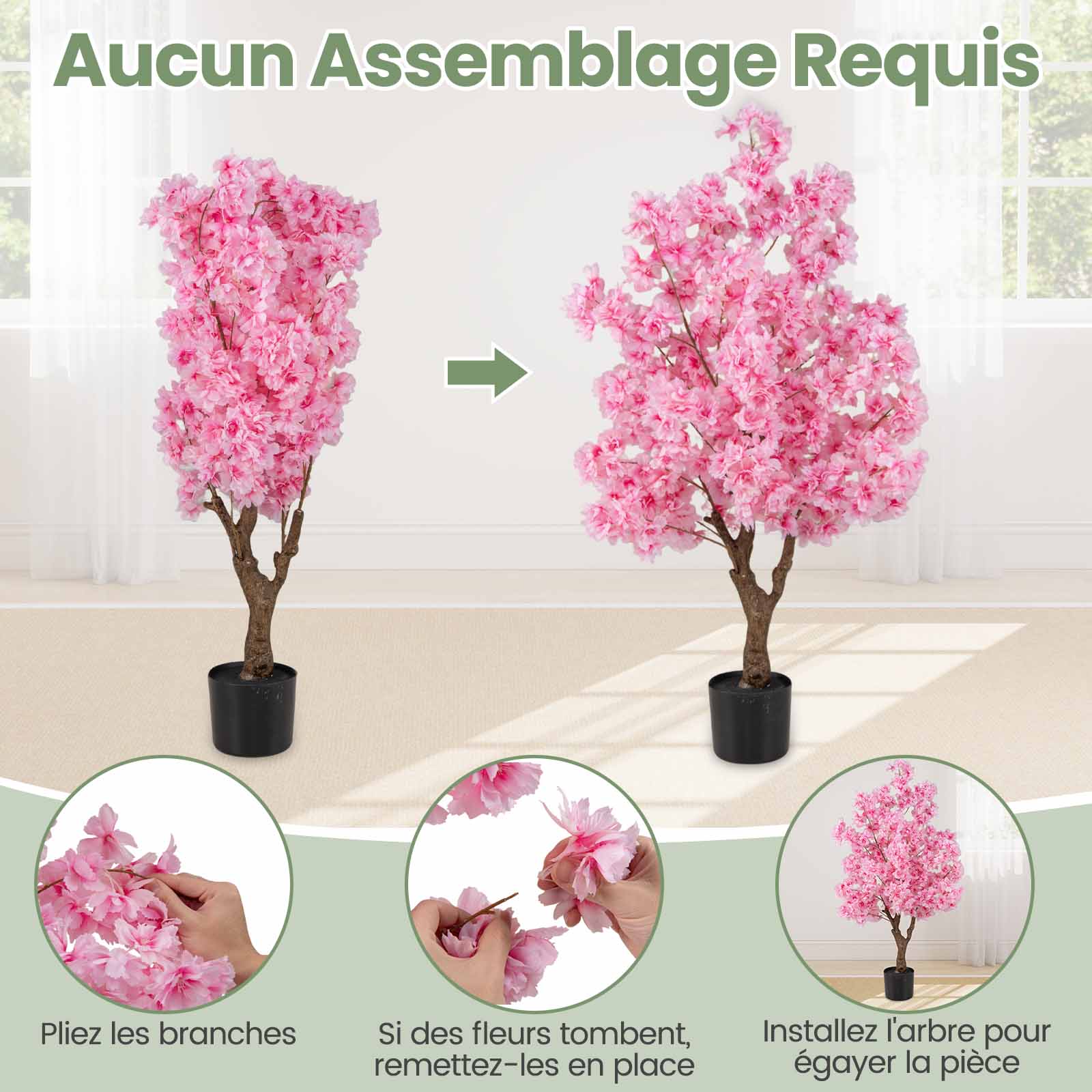 Plante Artificielle en Pot Remplies de Ciment 120CM, Fausse Cerisier avec 900 Fleurs Roses Tronc en Polyéthylène Multi-Branches, pour Salon Balcon - 6