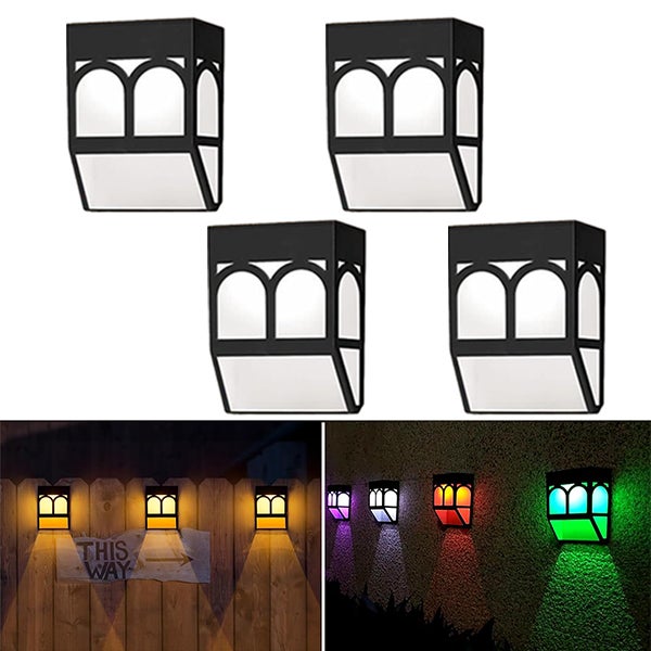 Zewnętrzna lampa słoneczna LED, 4 sztuki, lampka ścienna solarna do ogrodzenia, ciepłe światło + światło kolorowe