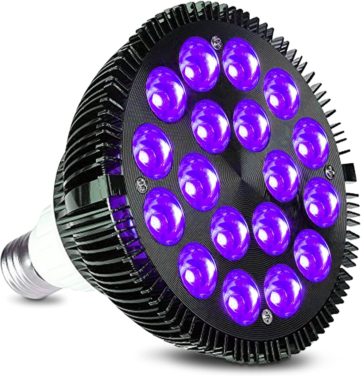 Czarna żarówka LED 36W, trzonek E26 PAR38, dioda LED 395nm, idealna na imprezy DJ-skie i dekoracje festiwalowe.