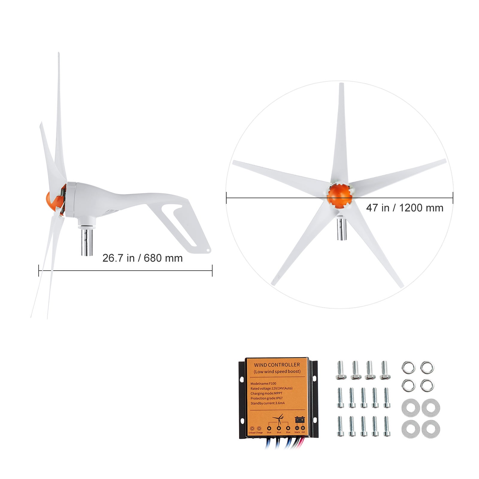 Gerador turbina eólica 500 W, kit energia eólica 12 V e 5 lâminas com controlador MPPT, direção vento ajustável e velocidade partida 2,5 m/s SucceBuy - 2