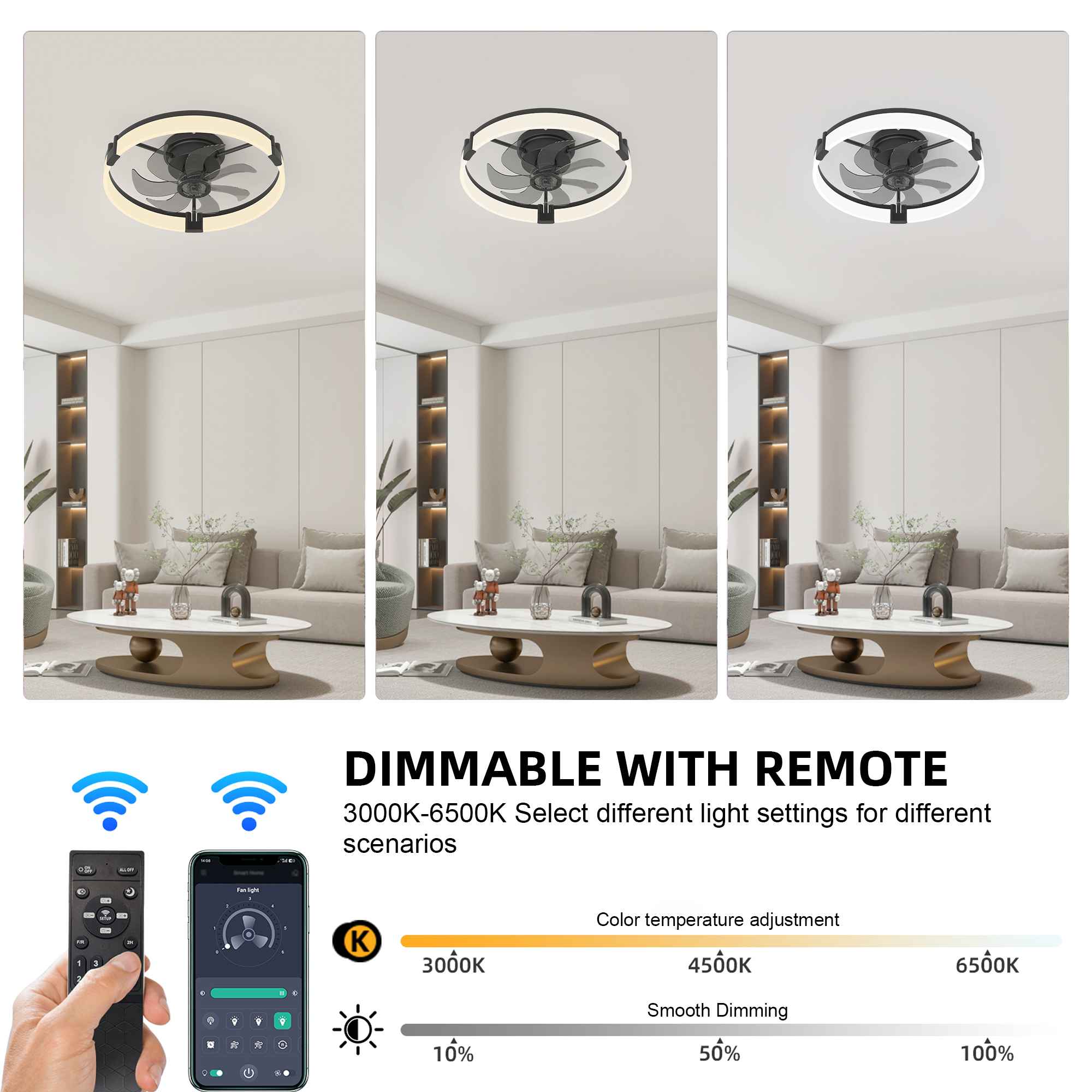 Ventilateur de plafond LED 50cm avec télécommande & APP, 6 vitesses, dimmable 3000-6500K, silencieux 30dB, chambre salon - 4