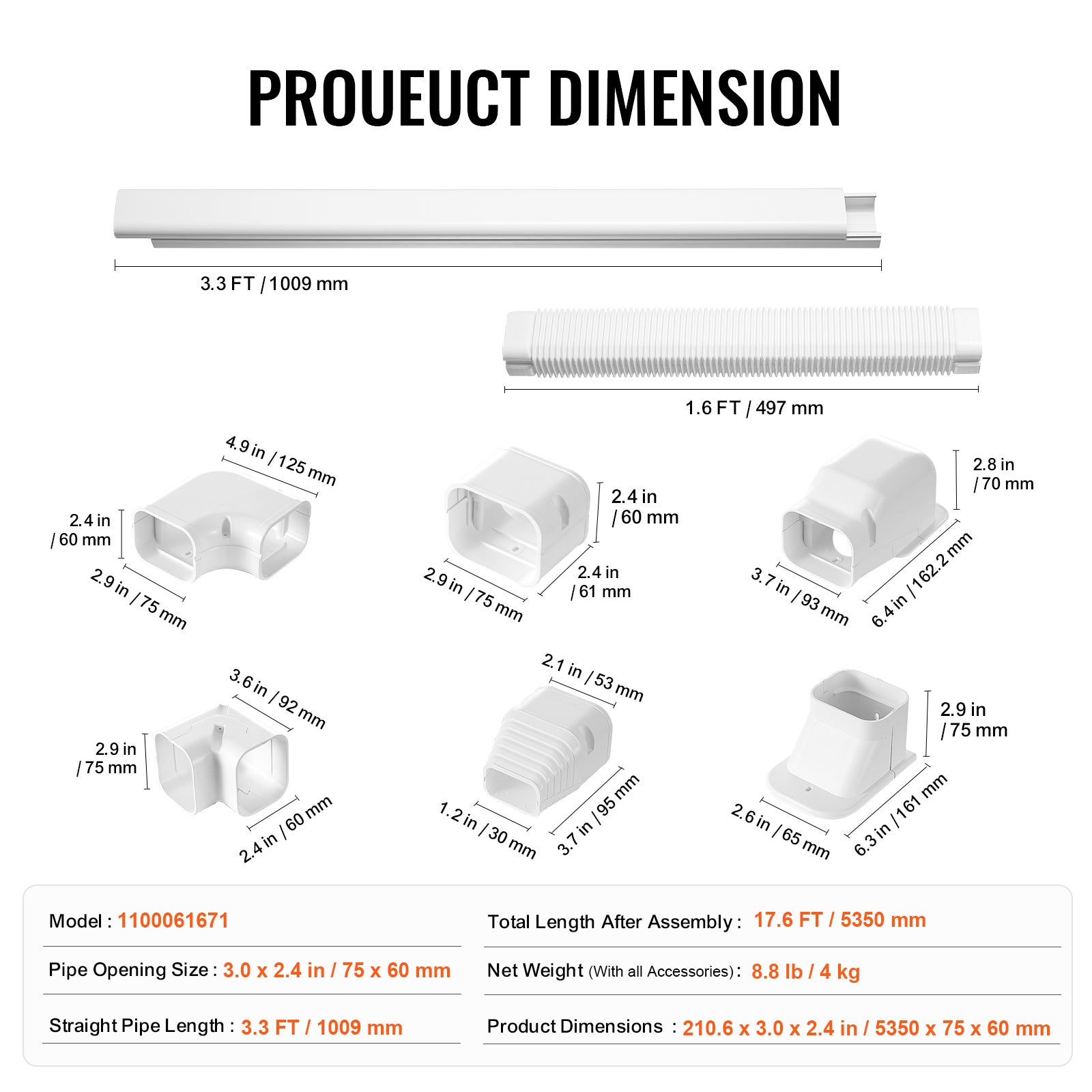 Couvercle de Conduite en PVC VEVOR 75x5350 mm,4 Conduits Droits,Goulotte Décorative pour Mini-Ligne de Climatiseur - 7