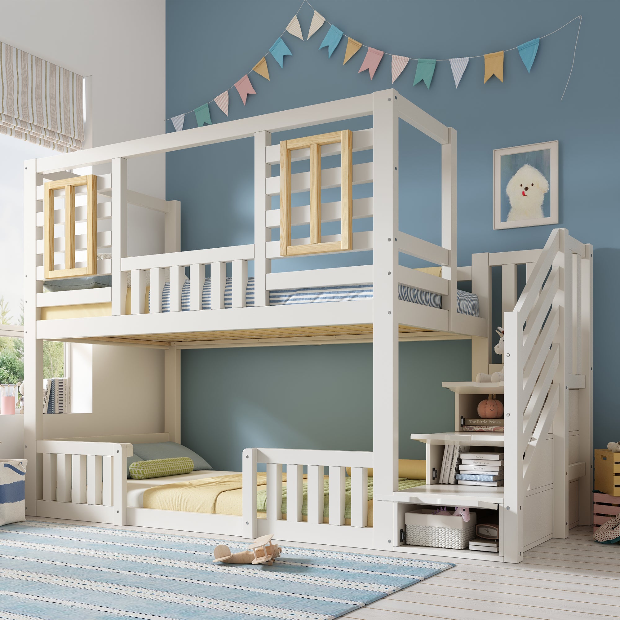 Łóżka piętrowe 2 x 90 x 200 cm z 3 drzwiami i oknami - Sosna + MDF + sklejka - Dla dzieci - Białe (Materac nie jest wliczony w cenę)