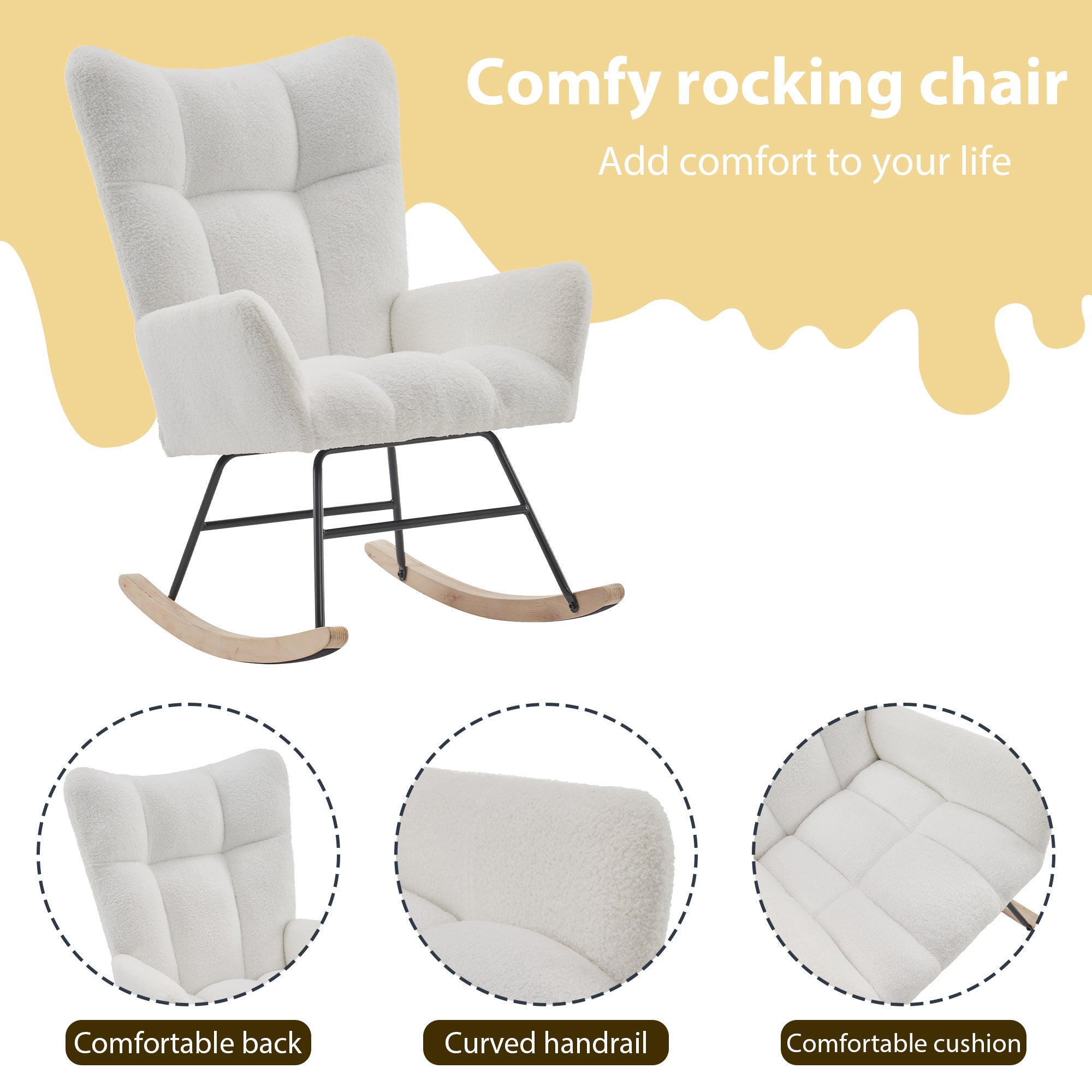 Fauteuil à Bascule Moderne, Rocking Chair avec Dossier Haut et Cadre en Métal, en Tissu Teddy Blanc - Pour Salon/Chambre - 7