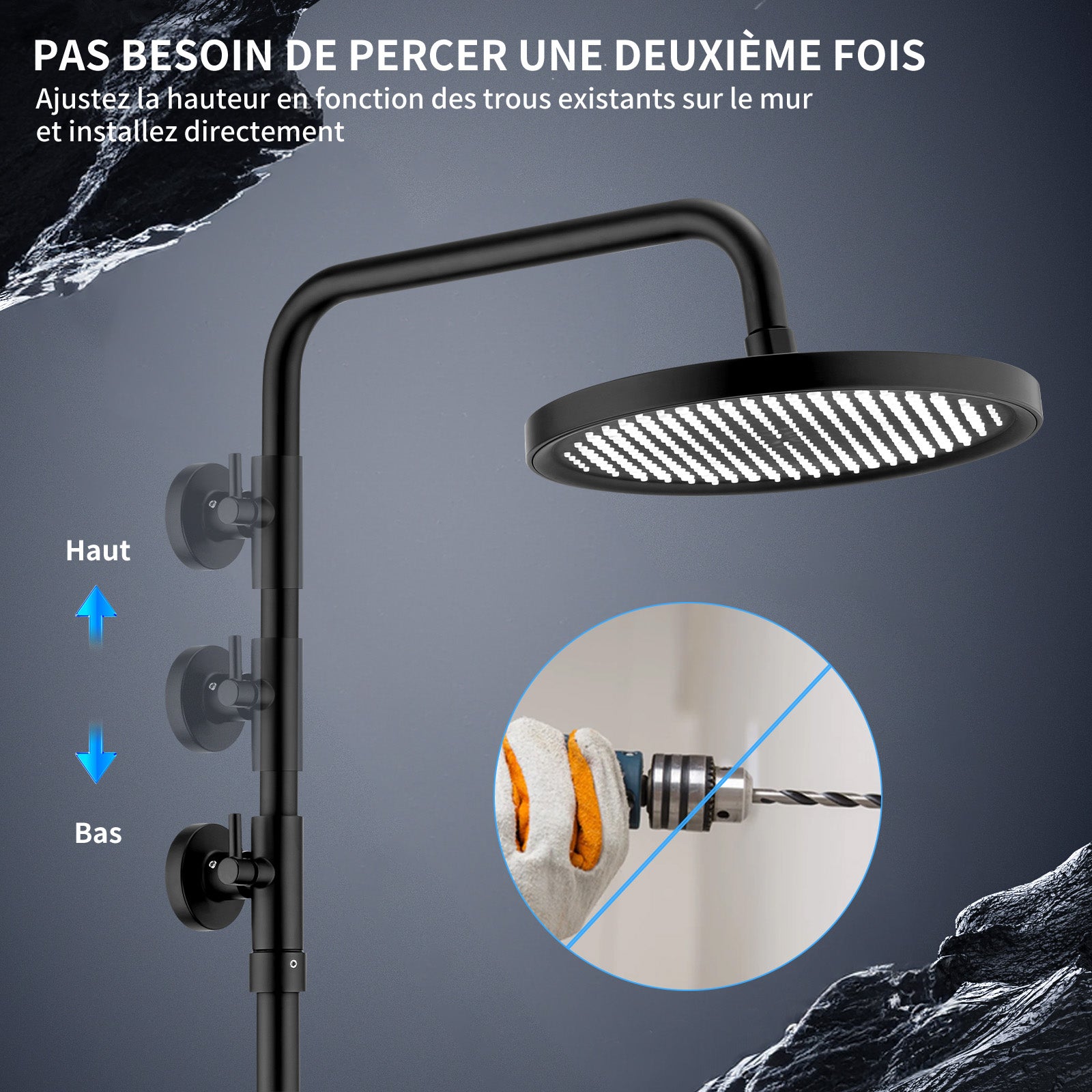 Colonne de Douche Thermostatique, Ensemble de Douche Hauteur Réglable sans Percement Supplémentaire Noir avec Douchette 3 Jets, Mitigeur en Laiton - 2