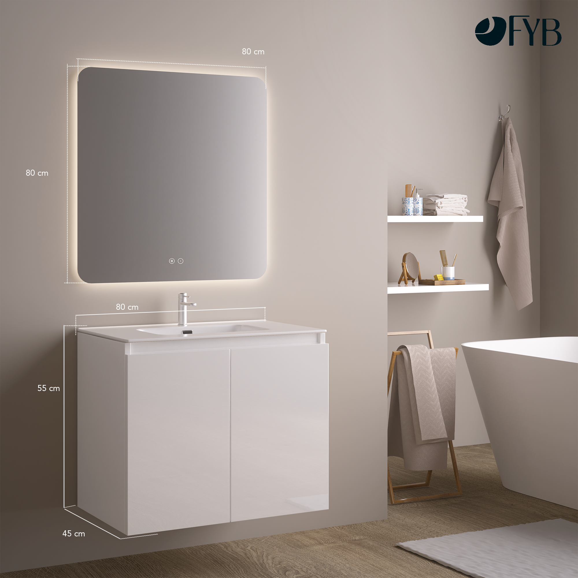Feel Your Bath, Meuble De Salle De Bain WOLF Blanc 80 cm, 2 Portes, Vasque Céramique Intégrée Et Miroir Carré LED Antibuée - 3