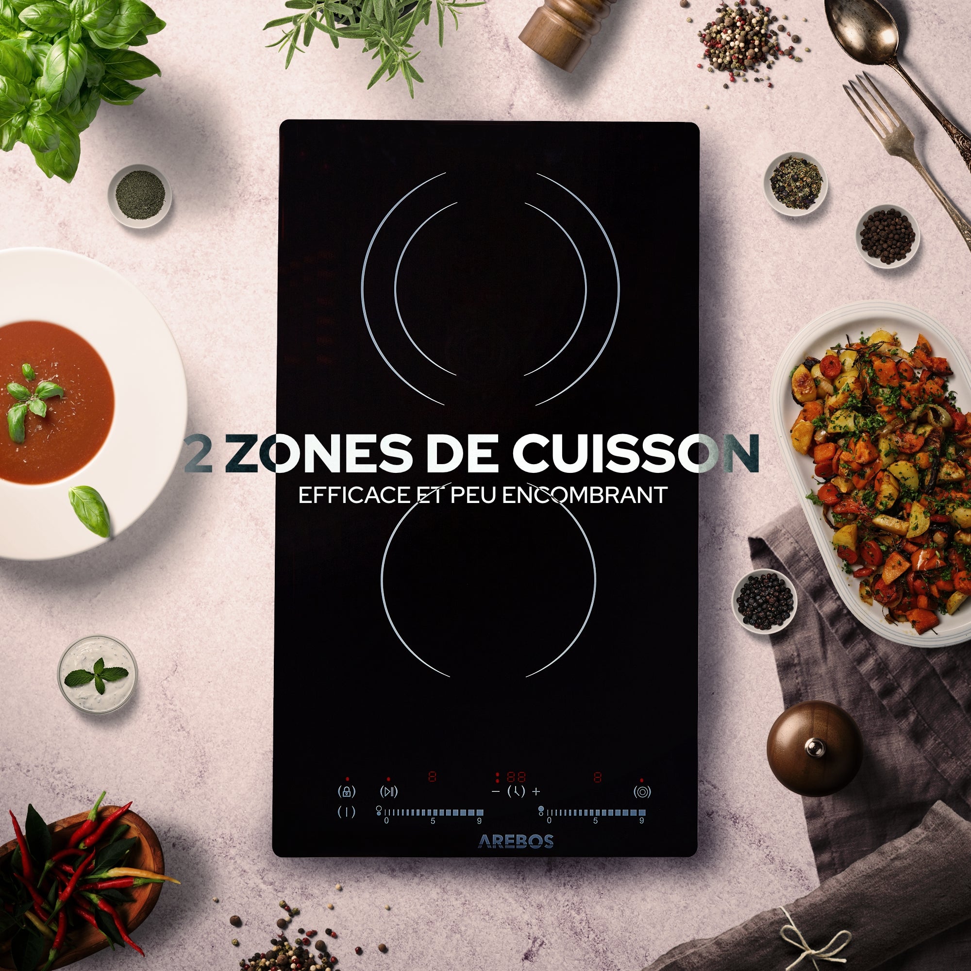 AREBOS Plaque de cuisson en vitrocéramique Table de cuisson électrique Contrôle Cuisinière 2 foyers - 7