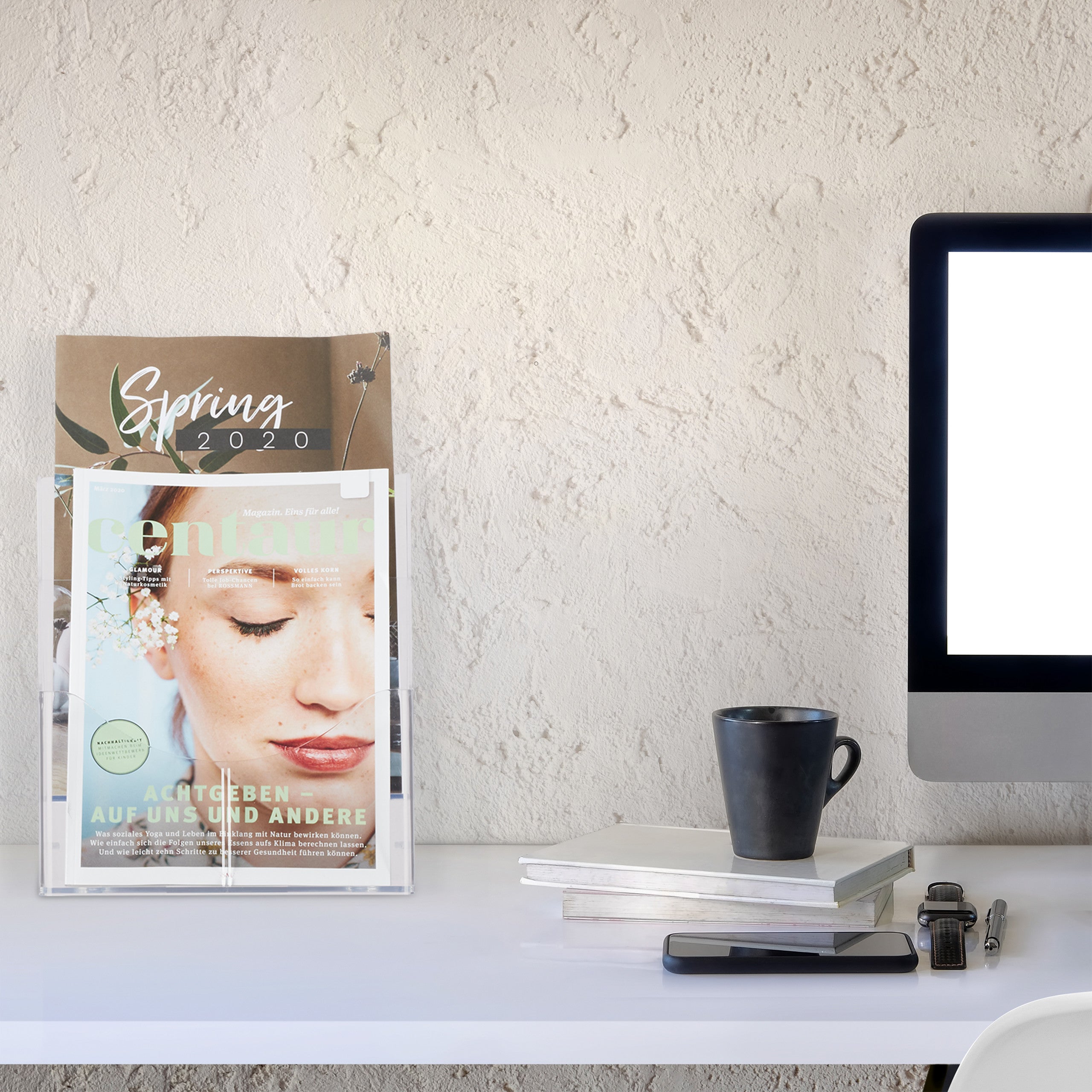 Organiseur Brochures A4 Transparent Présentoir Flyers Relaxdays 2 étages - Format A4, Transparent, 27.5x24x15cm, Pour Table Ou Mur Porte Document Mural