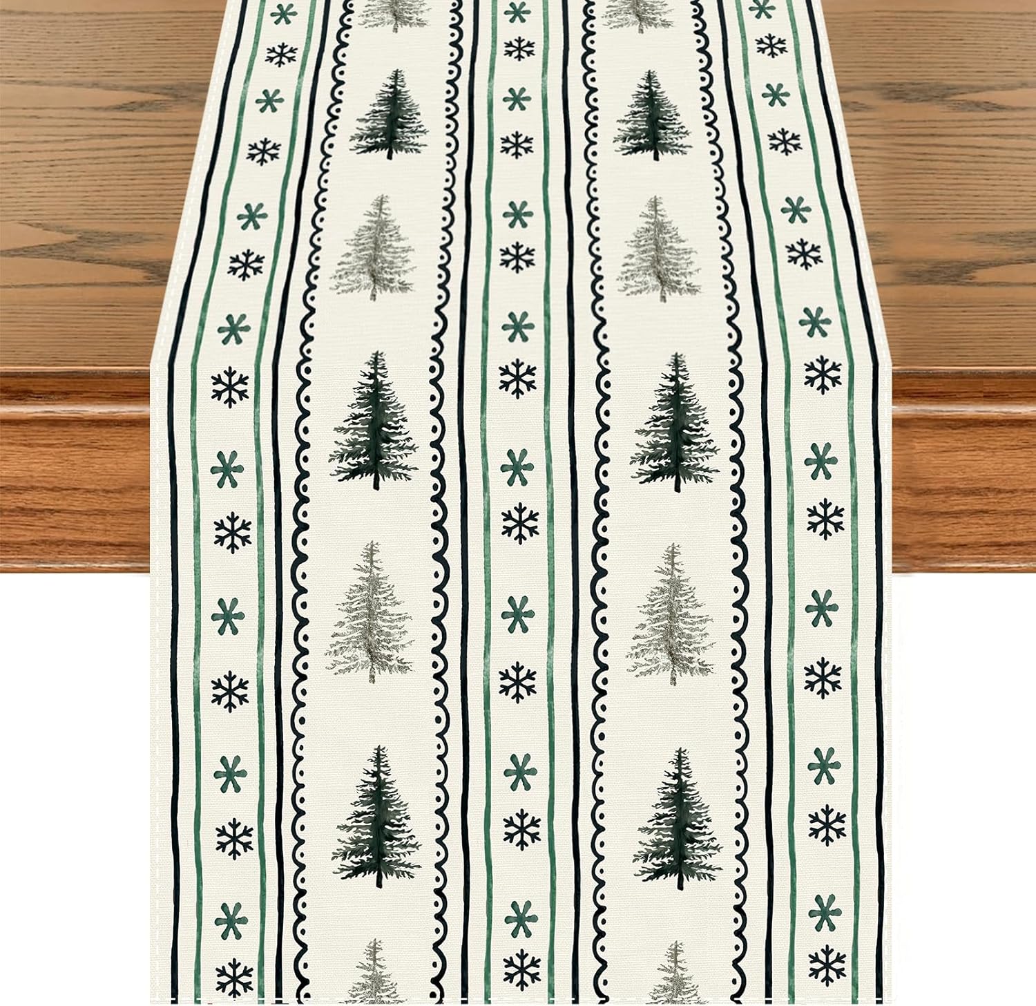 Bieżnik świąteczny w kształcie choinki 33 x 183 cm, zielone paski ze śnieżynkami, zimowa i świąteczna dekoracja do kuchni, jadalni i salonu.