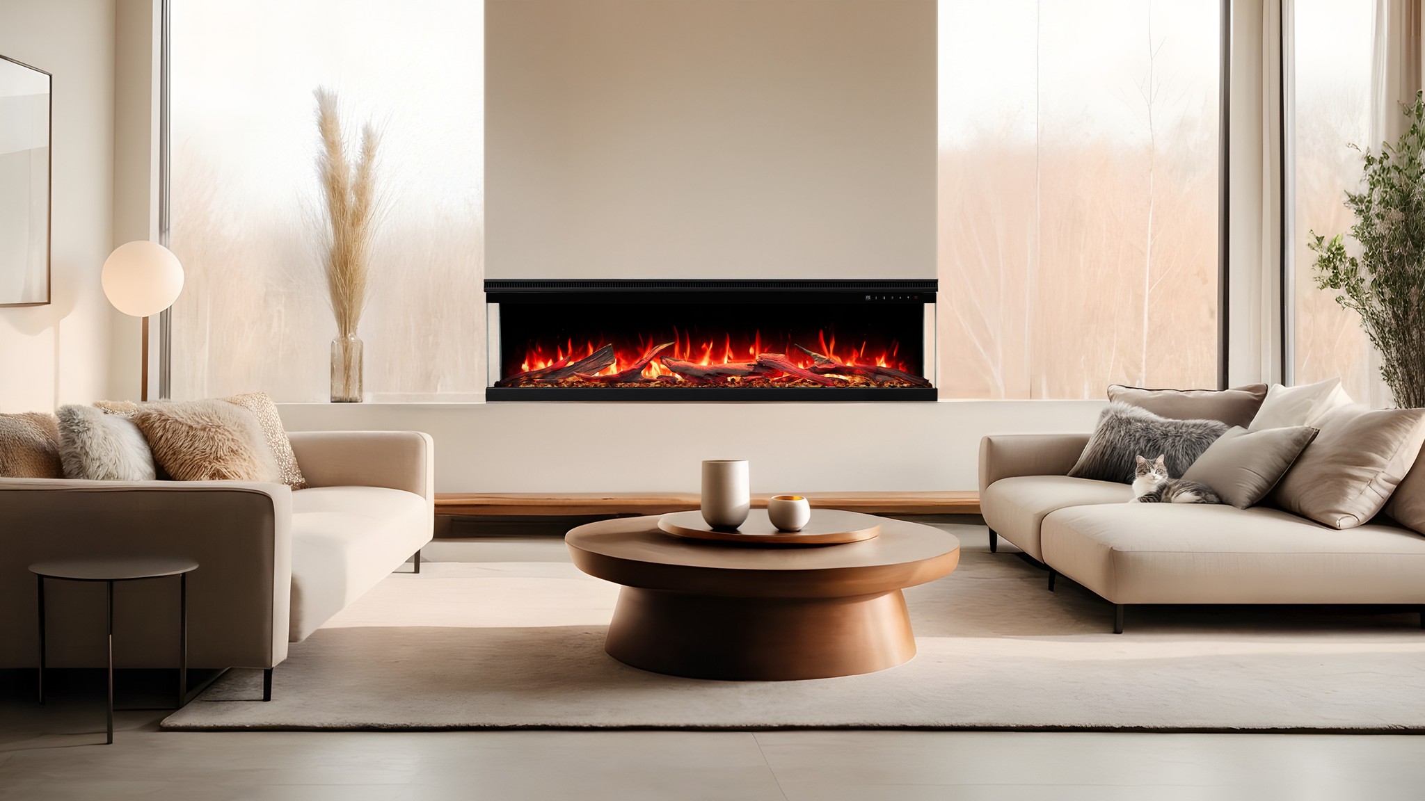 Trójstronny kominek elektryczny AFLAMO Unique 80 PRO - ogień premium - na ścianę i do zabudowy - 80x39x20 cm - kominek LED z grzaniem 750/1500 W