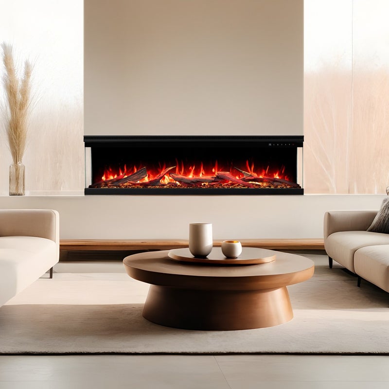 Trójstronny kominek elektryczny AFLAMO Unique 80 PRO - ogień premium - na ścianę i do zabudowy - 80x39x20 cm - kominek LED z grzaniem 750/1500 W