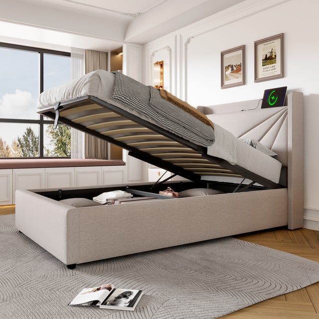 Letto Contenitore 90x200cm con USB-C e Struttura Lino Antimacchia (Senza materasso)