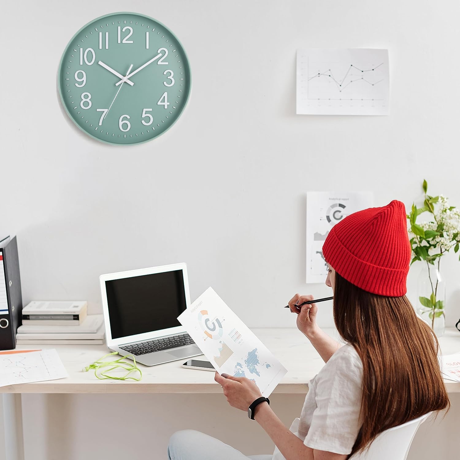 Reloj de pared moderno, silencioso, funciona con pilas, ideal para oficina, hogar, baño, cocina, dormitorio, escuela, sala de estar, color blanco - 4