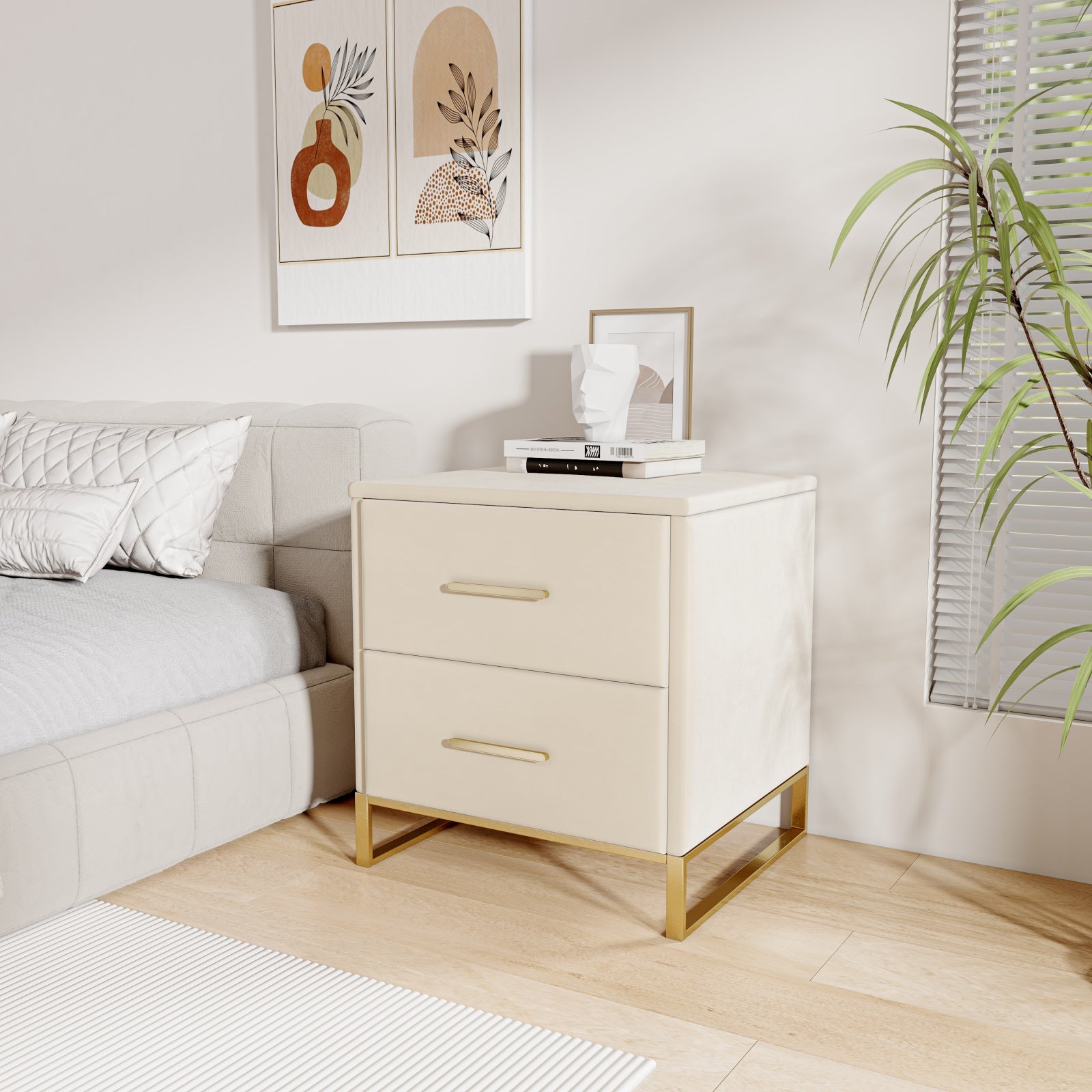 Lot de 2 Tables de chevet,Velours Beige, avec 2 Tiroirs et Poignées Dorées, Base Métallique Dorée, Design Minimaliste et Élégant, idéal pour Chambre - 2