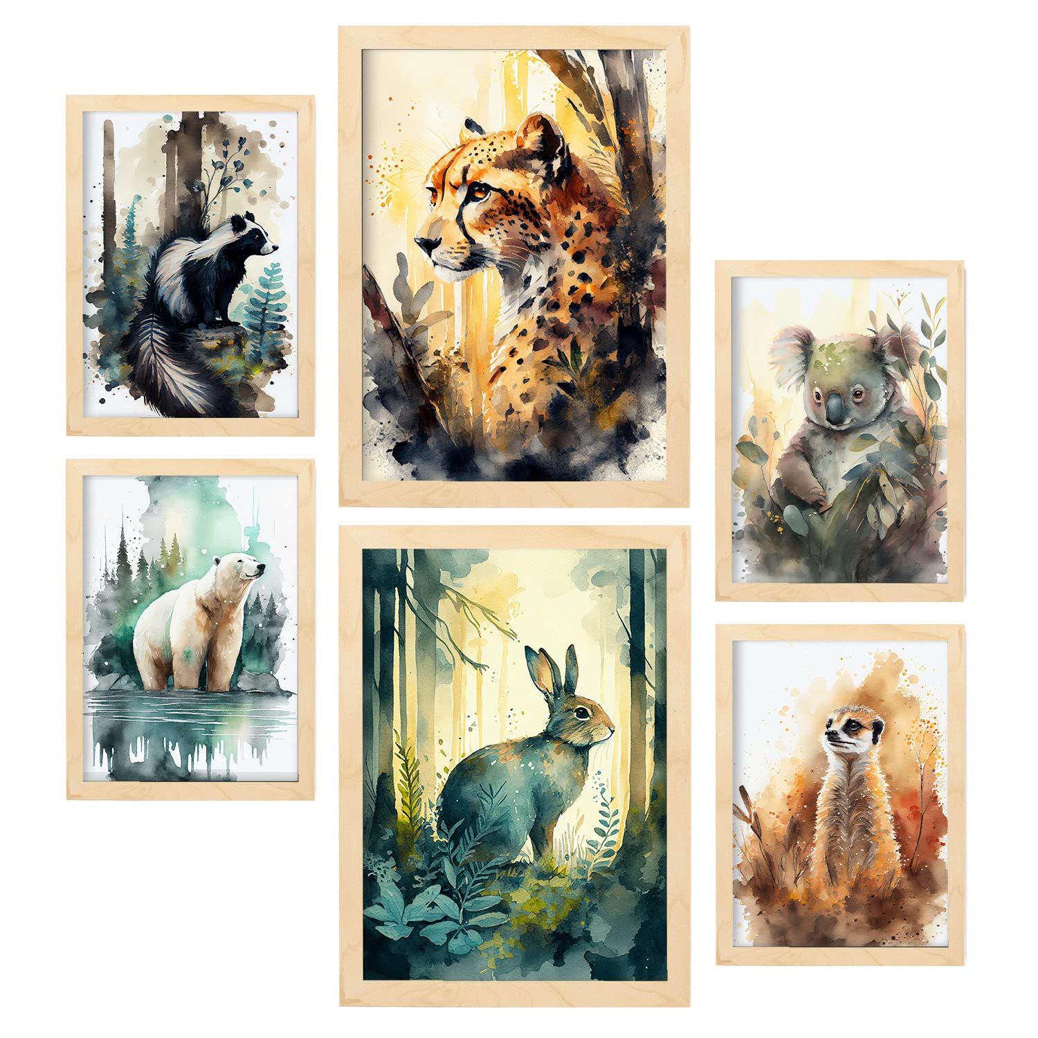 Nacnic posters de bosque profundo coloridas ilustraciones de animales en paisajes naturales estilo acuarela para la a4 & a3 marcos color madera