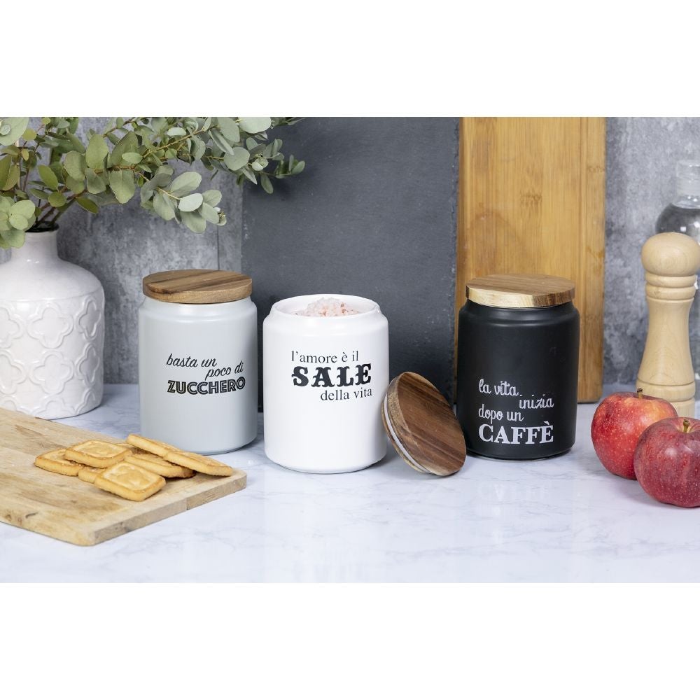 Set 3 Barattoli Per Cucina In Metallo Con Coperchio In Bambù, Capacità 1300 Ml Ciascuno, Per Caffè, Tè E Zucchero, Design Quadrato Bianco