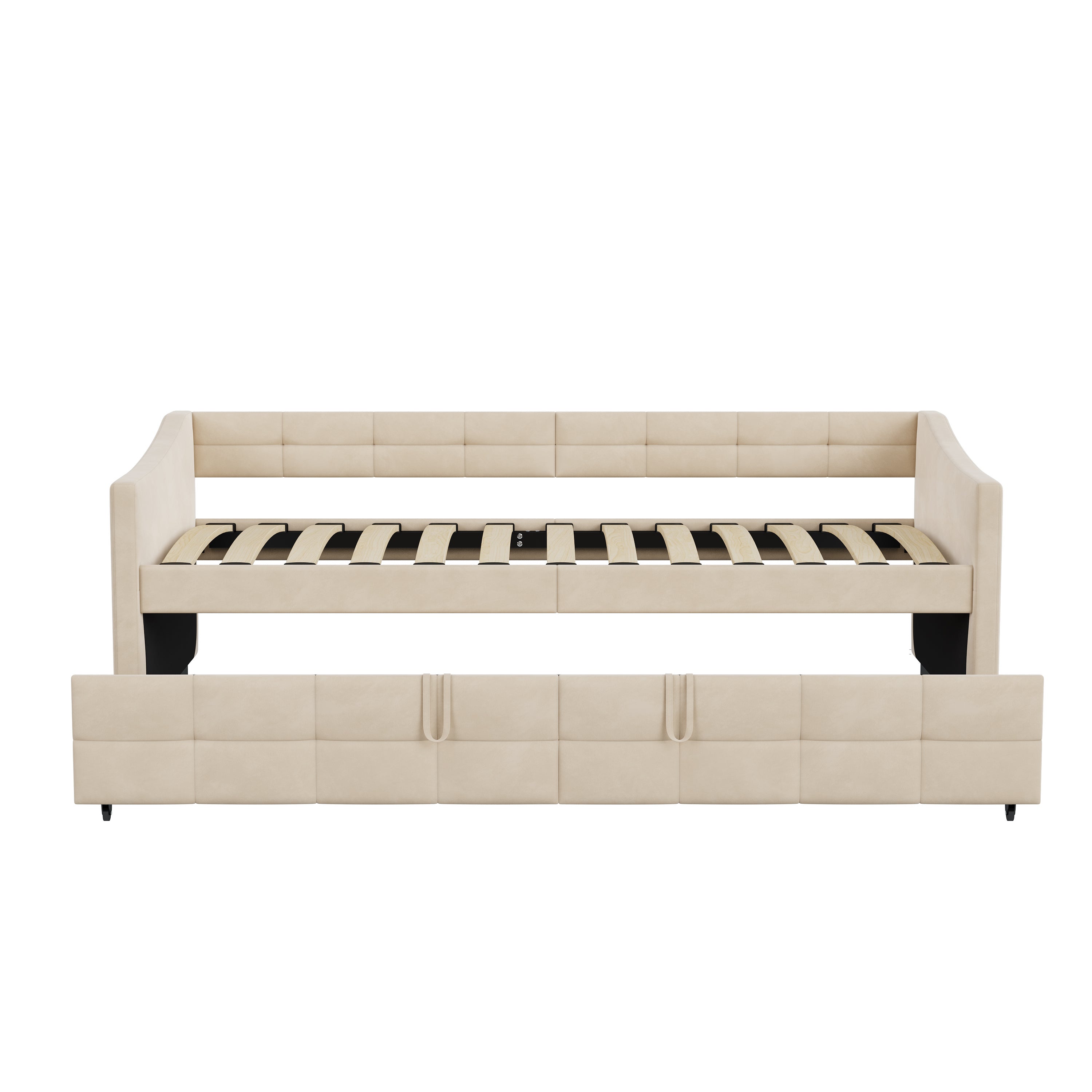 Lit gigogne 90x190/200 cm - avec poches latérales - accoudoirs - cadre à lattes - style scandinave - canapé-lit - Beige - 7