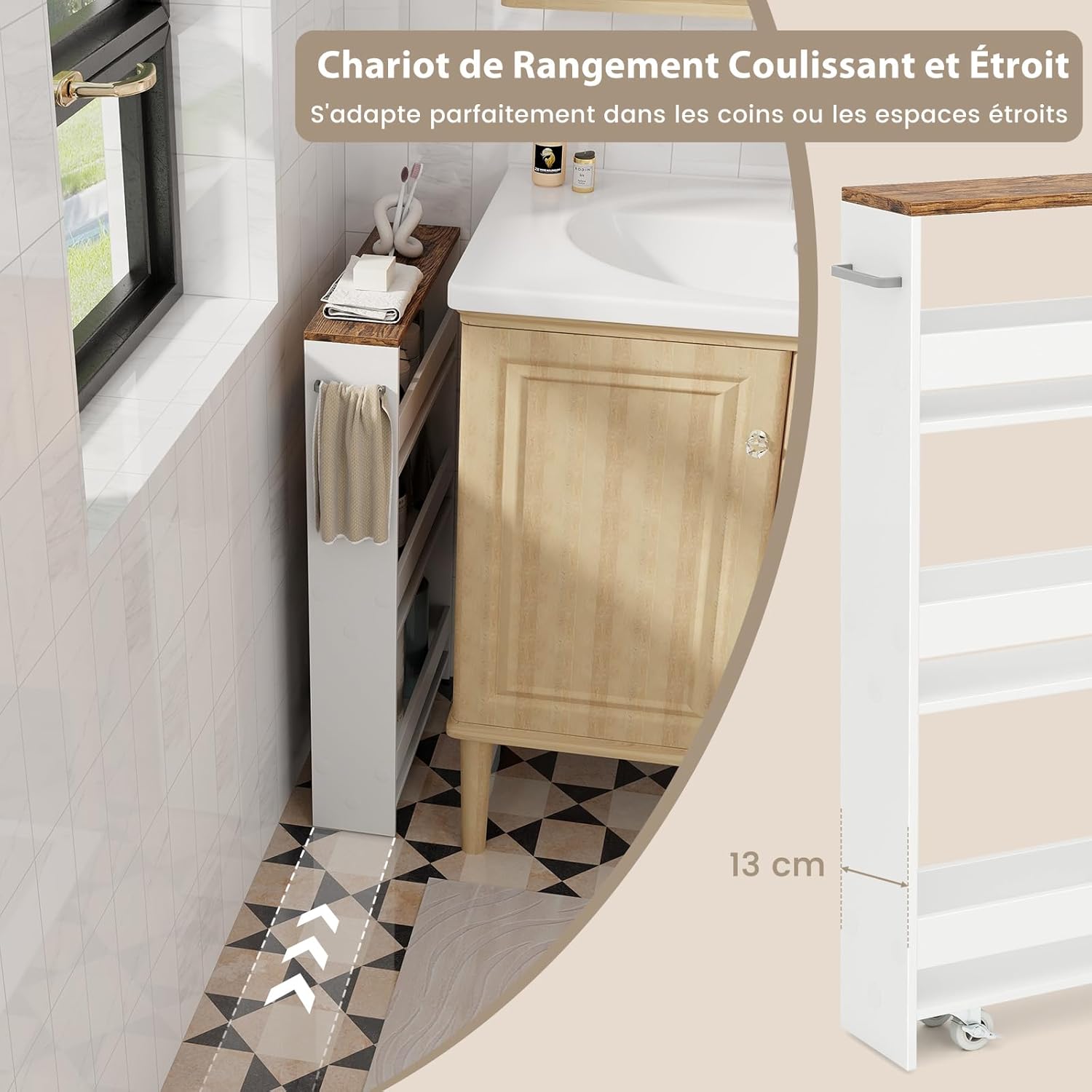 Chariot de Rangement Largeur 13 cm à roulettes, Desserte de Cuisine à 4 Niveaux, Poignée Latérale et Roues Universelles avec Freins (Blanc+ Brun) - 6