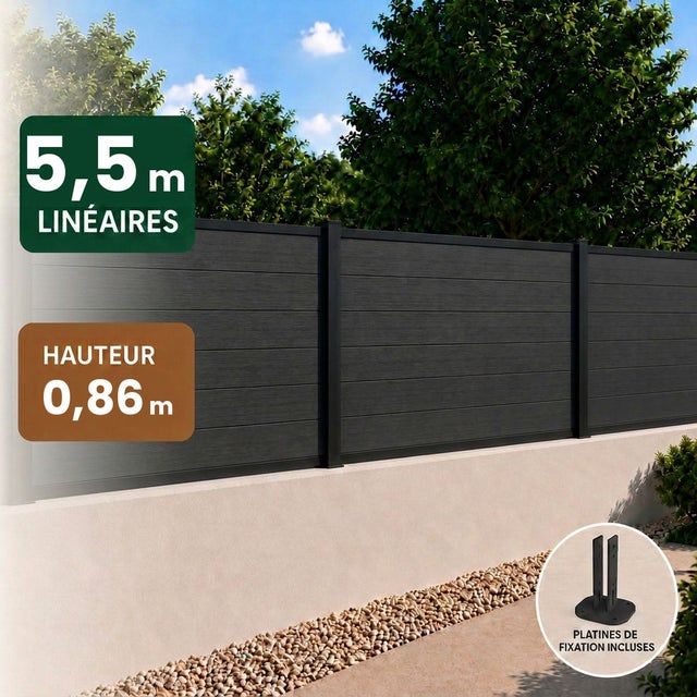 Kit clôture RECIFE Aluminium noir 5,47m poteau 60x70mm noir sur platines 0,86m