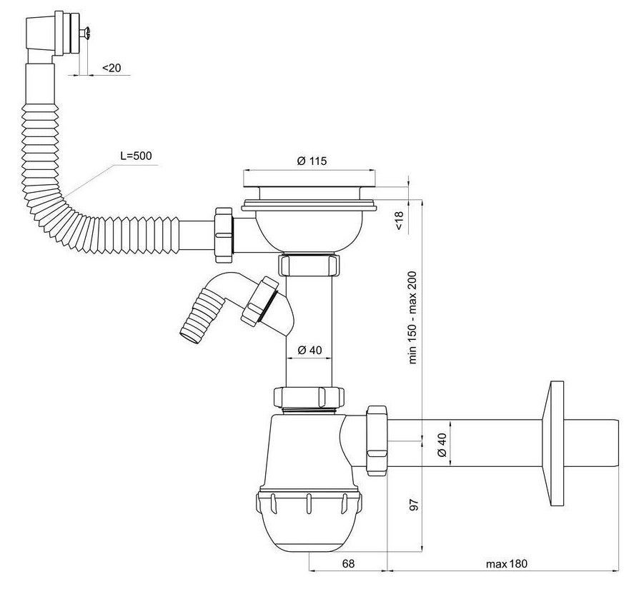 Siphon Bouteille Évacuation Évier Simple 115mm Entrée Lave-linge Lave-vaisselle - 2