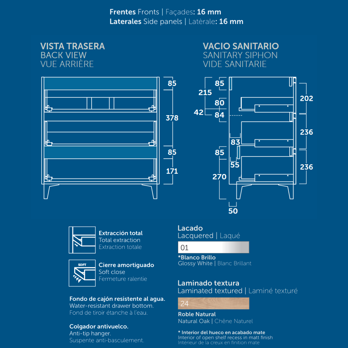 Móveis de Banheiro Comprimento do Chão com Pia de Cerâmica |Móveis de Banheiro com Pernas Pretas 3 Gavetas | 60 cm Branco brilhante - 5