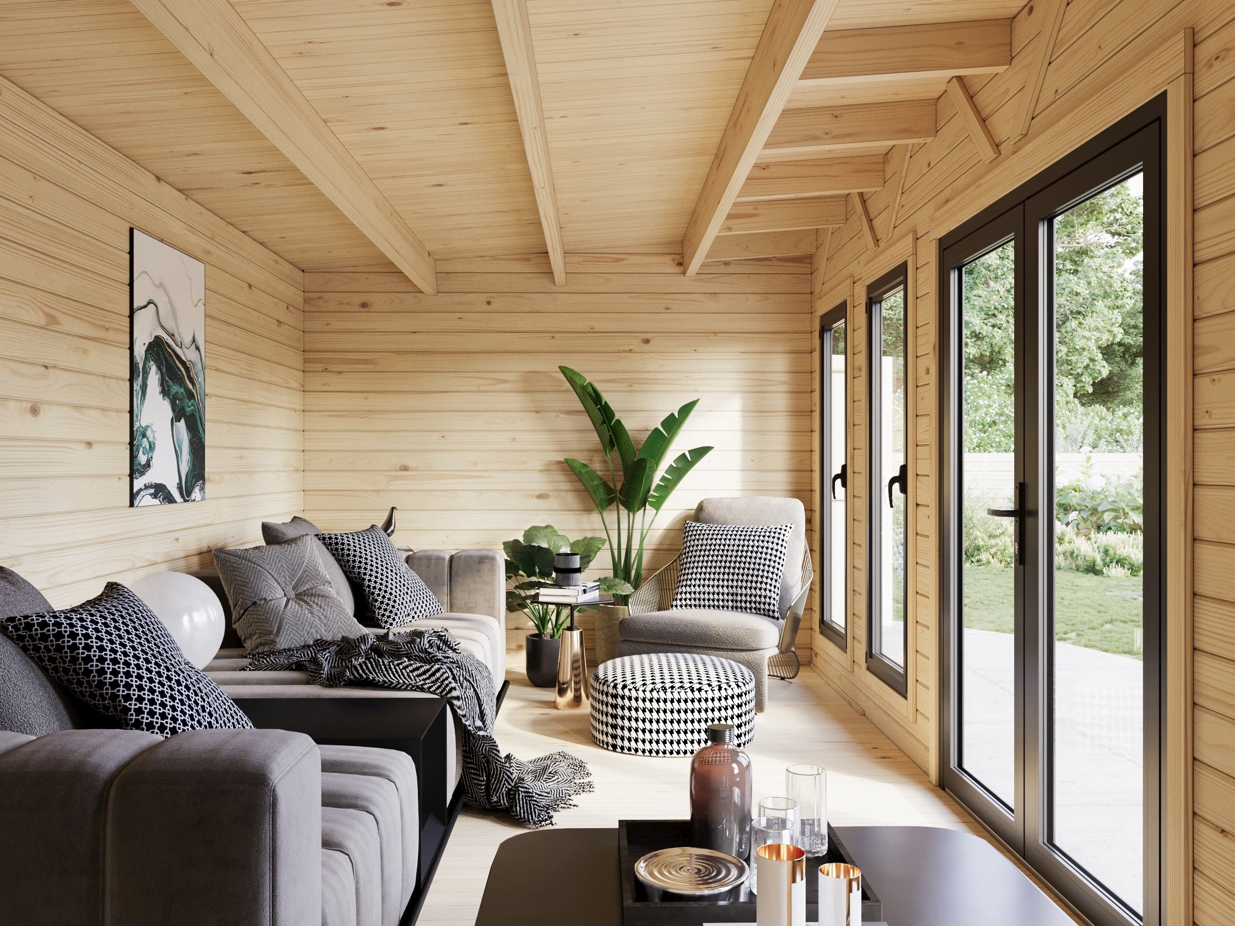 Studio de jardin en bois avec pergola Aurelia -PALMAKO - Ep.44 mm - 973x300 cm - 39.6 m² - Double vitrage trempé - 3