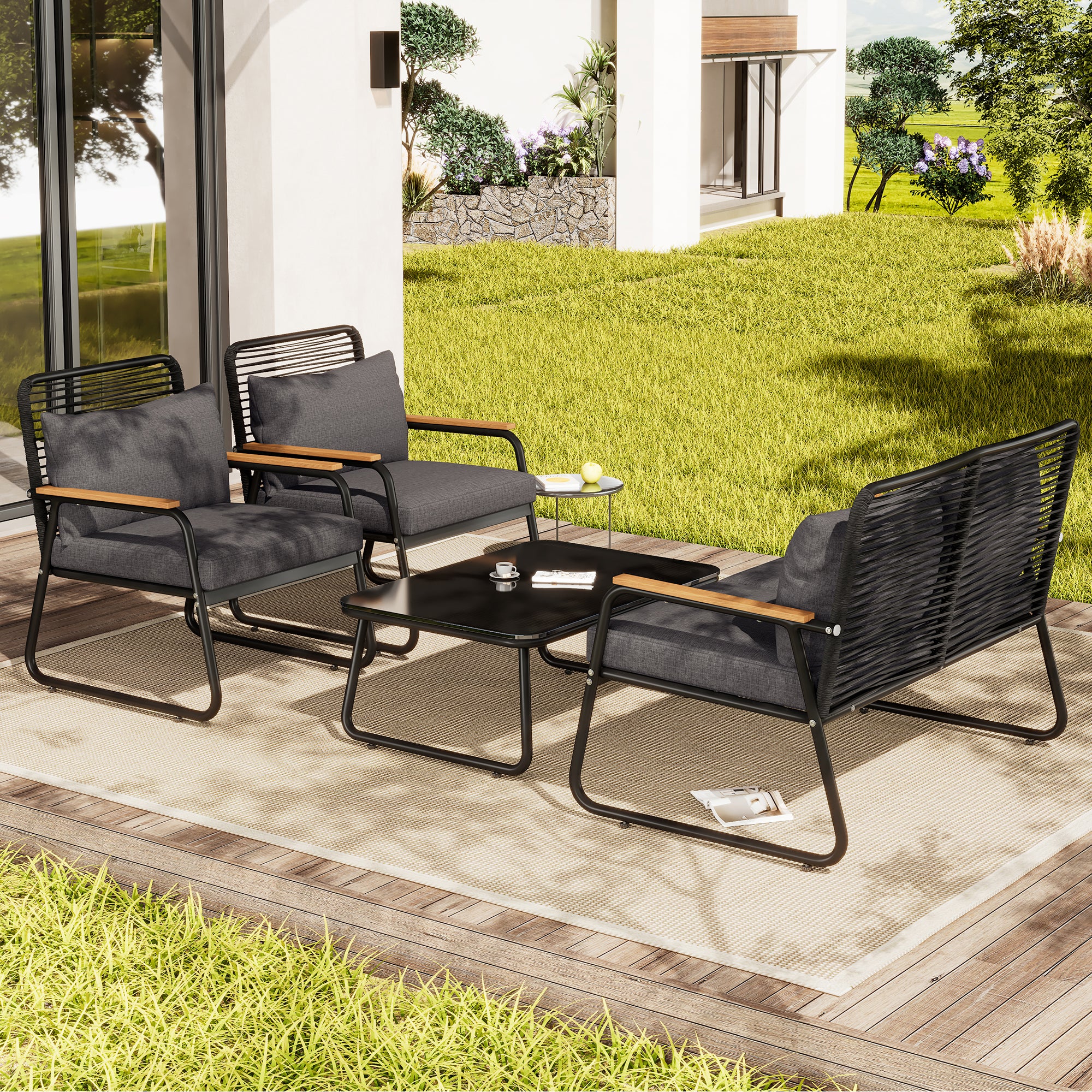 Salon de jardin, ensemble table et canapé pour 4 personnes avec structure en fer galvanisé,y compris tous les coussins d'assise et de dossier,noir - 4