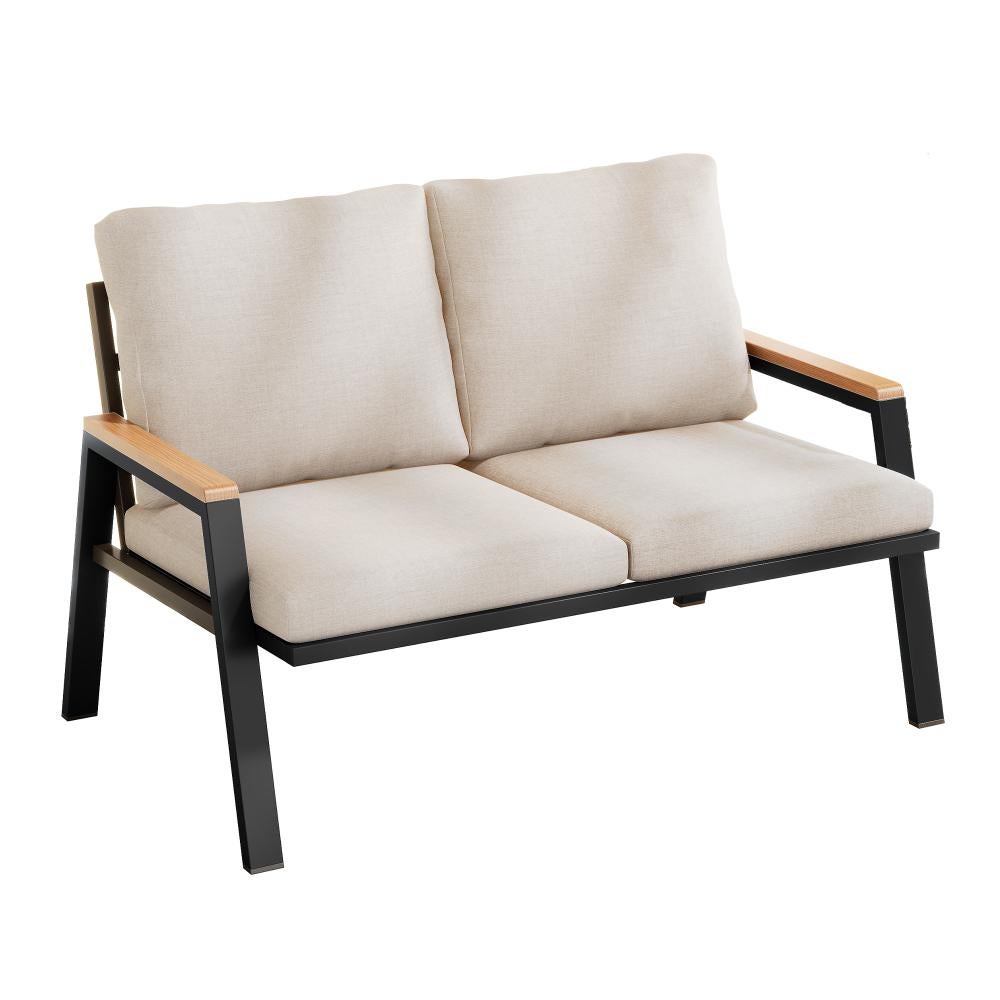 Set de mobilier de jardin Sofa 2 places en acier galvanisé avec accoudoirs bois-plastique style industriel gris-beige - 6