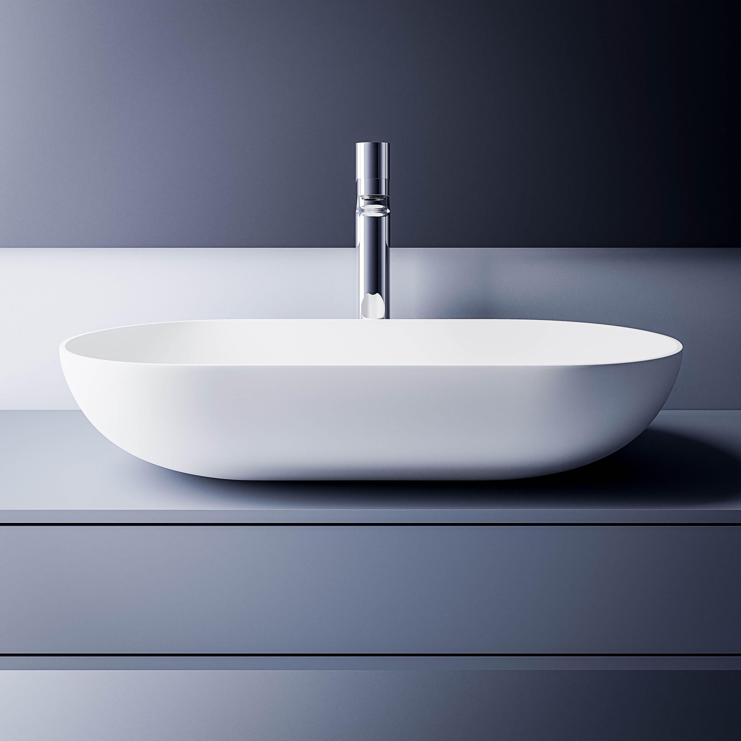 BERNSTEIN - Vasque murale à poser design 54x34x13cm en fonte minérale avec bonde et trop plein - O-541 - Blanc mat - 2