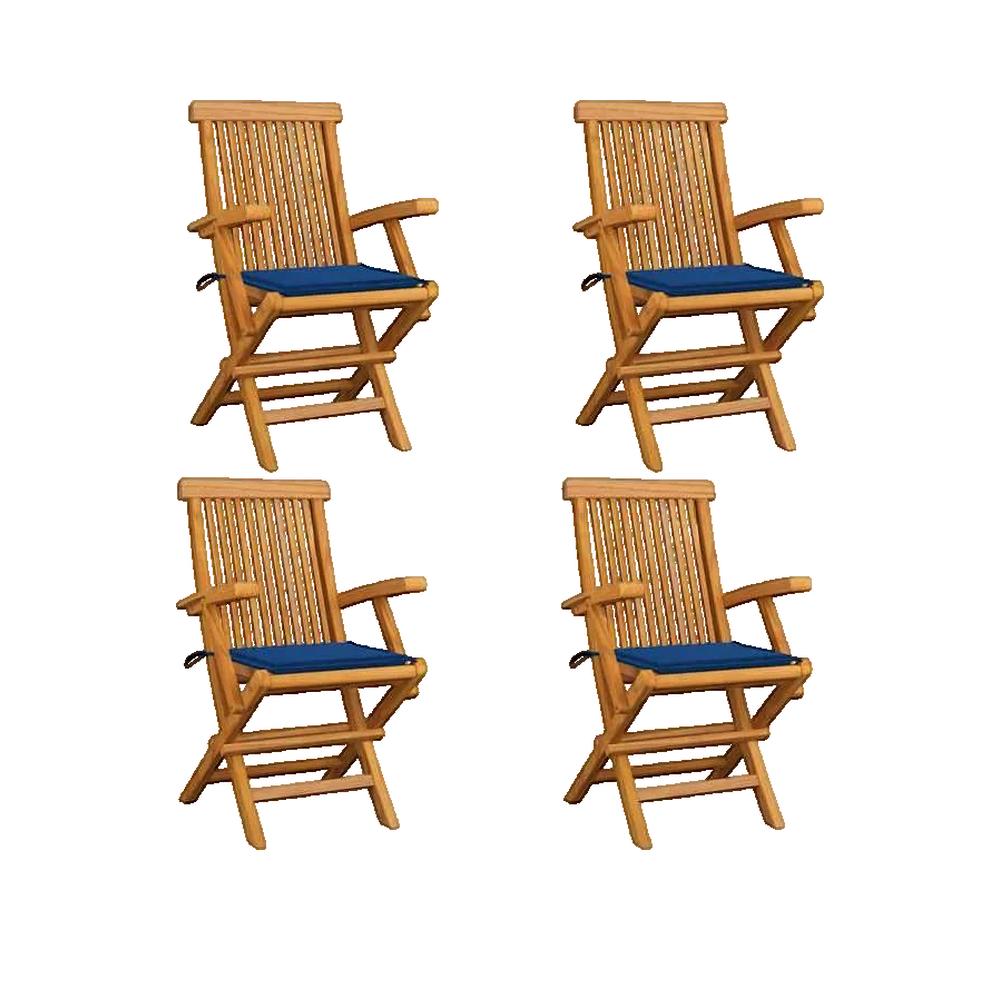 Krzesła ogrodowe vidaXL zestaw 4 Drewniane teak składane z niebieskimi poduszkami