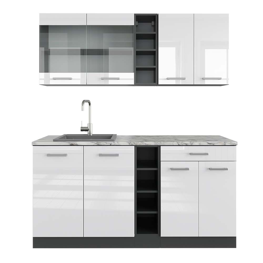 Vicco Pojedyncza kuchnia R-Line, Biały wysoki połysk/antracyt, 160 cm , BP Marmur