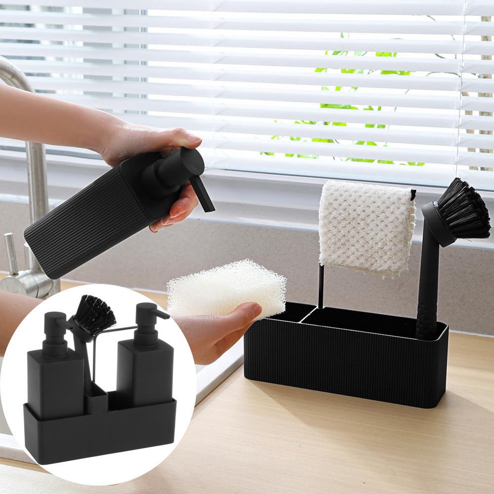 SPORWAY Dispenser di sapone e detersivo: Dispenser da 350 ml per sapone da cucina con portaspugna e porta spazzole, organizer per lavello con vassoio sgocciolante per cucina e bagno (Nero-02